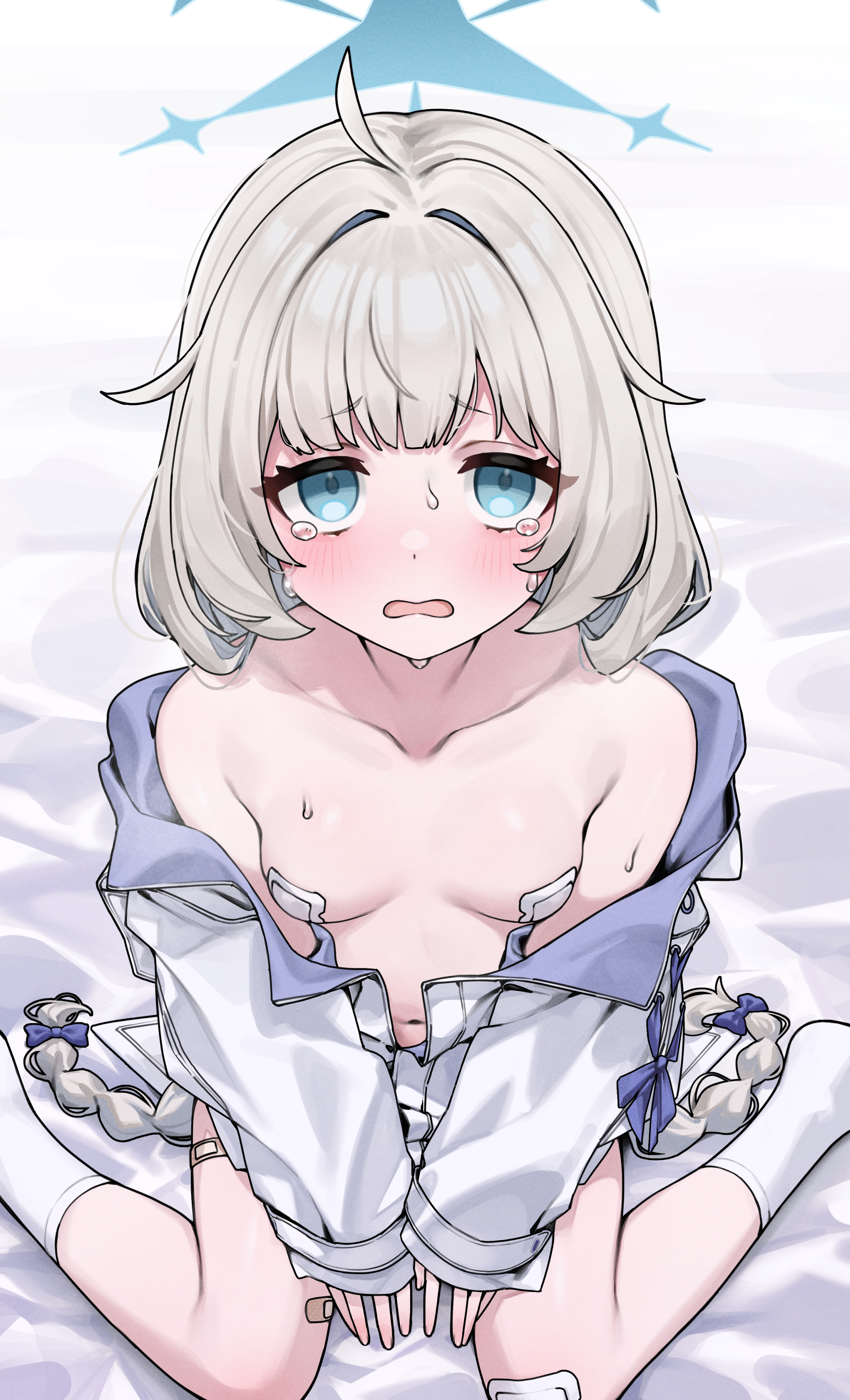 amae, maia (blue archive), blue archive, absurdres, commentary, highres, 1girl, ahoge, bandaid, bandaid on leg, bandaids on nipples, blue eyes, blue halo, braid, breasts, gauze, gauze on leg, halo, jacket, long hair, long sleeves, looking at viewer, navel, pasties, sitting, small breasts, socks, tearing up, twin braids, very long hair, wariza, white jacket, white socks