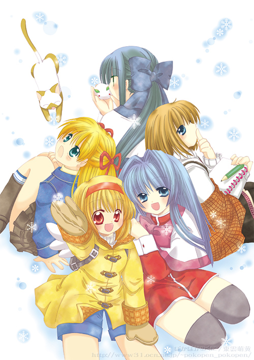 shinonome moegi, kawasumi mai, minase nayuki, misaka shiori, piro, sawatari makoto, tsukimiya ayu, kanon, bad id, bad pixiv id, 5girls, cat, multiple girls, red skirt, school uniform, skirt, snow rabbit, thighhighs, winter clothes