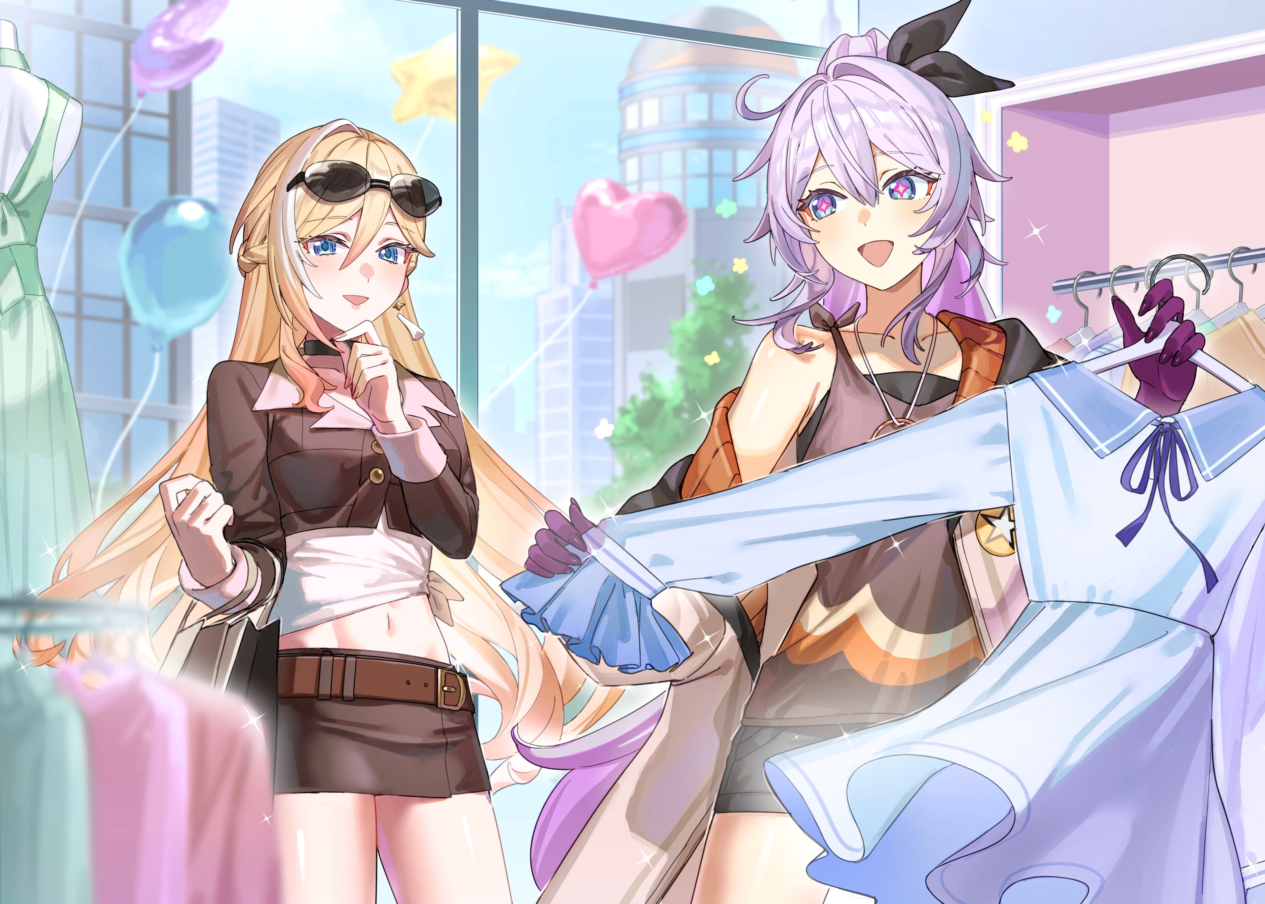karame rise, durandal (honkai impact), kiana kaslana, kiana kaslana (herrscher of finality), honkai (series), honkai impact 3rd, absurdres, commentary request, commission, highres, second-party source, skeb commission, 2girls, ahoge, alternate costume, bag, balloon, black shorts, blonde hair, blue eyes, brown shirt, brown skirt, clothes hanger, dress, eyewear on head, gradient hair, heart balloon, holding, holding unworn clothes, holding unworn dress, indoors, long hair, mannequin, midriff peek, miniskirt, multicolored hair, multiple girls, navel, purple hair, purple hands, sailor dress, shirt, shopping bag, short shorts, shorts, skirt, star-shaped pupils, star (symbol), sunglasses, symbol-shaped pupils, tied shirt, two-tone hair, unworn dress, very long hair, white hair, white shirt