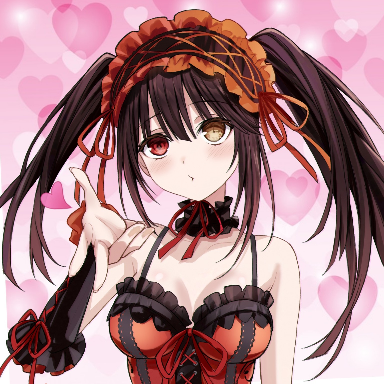 saint laurent paris, tokisaki kurumi, date a live, highres, 1girl, bare shoulders, black hair, blowing kiss, blush, breasts, choker, cleavage, clock eyes, detached sleeves, dress, frieren blowing a kiss, frilled choker, frills, hairband, heart, heart background, heterochromia, lolita fashion, lolita hairband, long hair, looking at another, medium breasts, puckered lips, red dress, red eyes, solo, symbol-shaped pupils, tokisaki kurumi (spirit), twintails, two-tone dress, yellow eyes