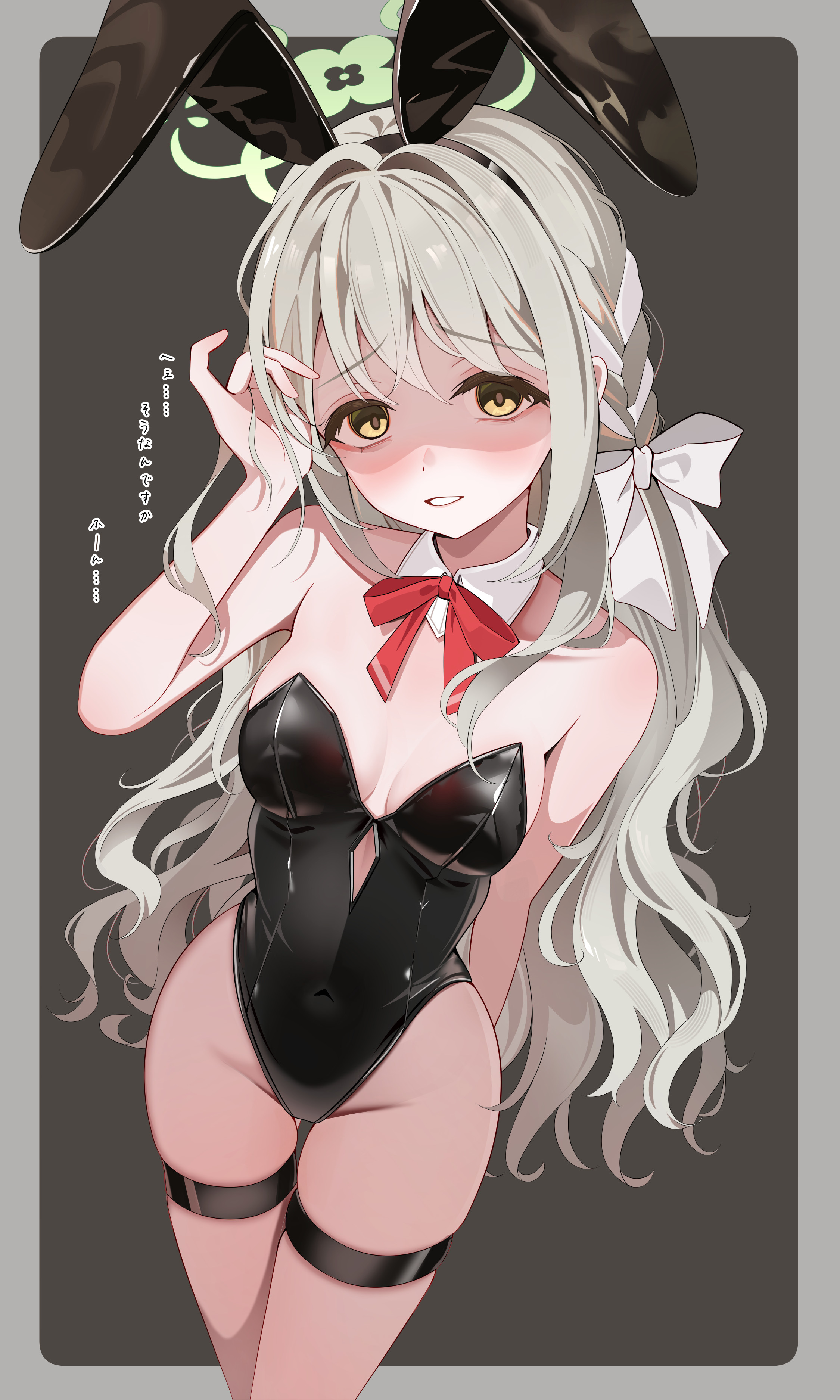sikimosh, miyo (blue archive), blue archive, absurdres, highres, 1girl, animal ear hairband, animal ears, bare shoulders, black hairband, black leotard, blush, bow, braid, breasts, detached collar, fake animal ears, green hair, green halo, hair bow, hairband, halo, hand in own hair, highleg, highleg leotard, leotard, looking at viewer, parted lips, playboy bunny, rabbit ear hairband, rabbit ears, red ribbon, ribbon, shaded face, solo, strapless, strapless leotard, thigh strap, white bow, yellow eyes