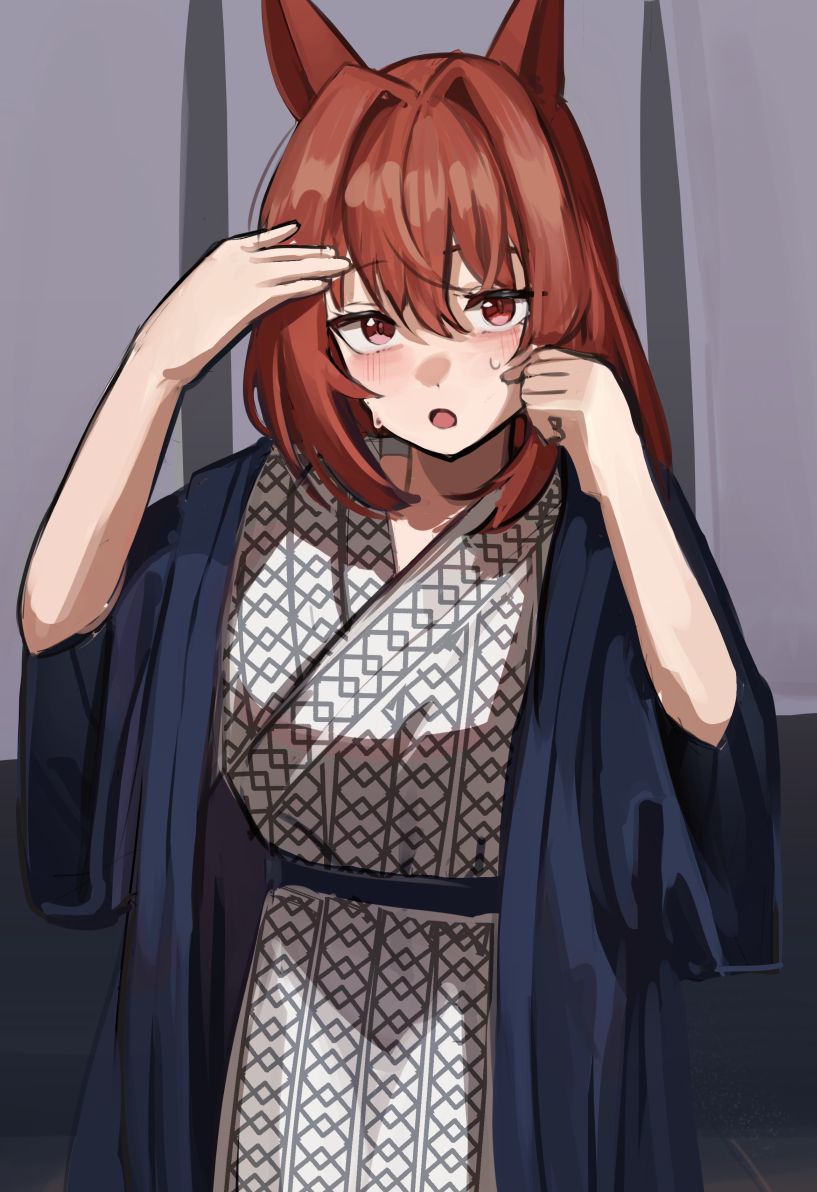 solokitsune, daiwa scarlet (umamusume), umamusume, commentary request, partial commentary, 1girl, animal ears, bath yukata, between breasts, black haori, blush, breasts, brown hair, hair down, hair intakes, hands up, haori, horse ears, horse girl, japanese clothes, kimono, long hair, looking at viewer, open mouth, red eyes, solo, sweat, upper body, very long hair, yukata