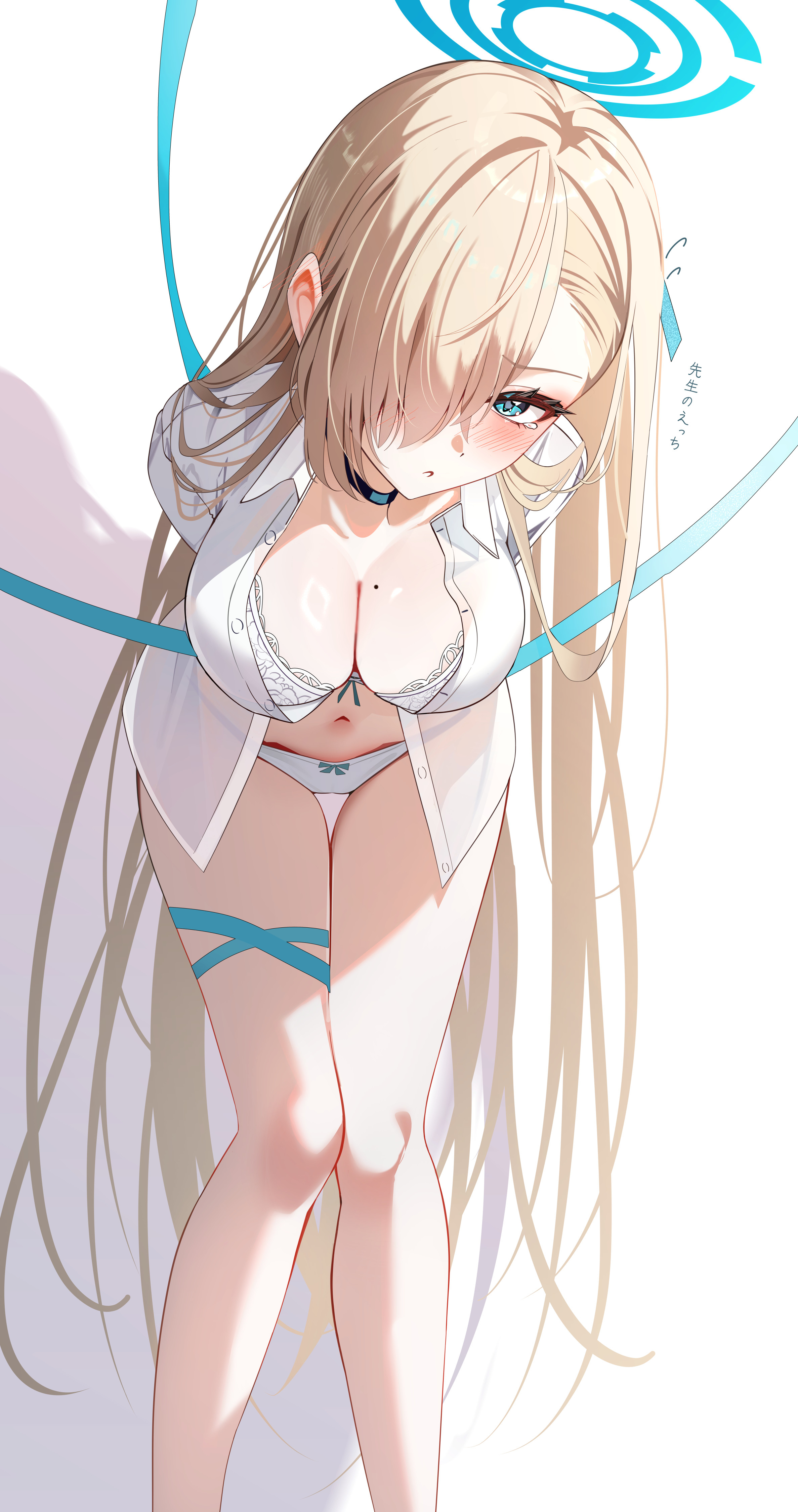 sikimosh, asuna (blue archive), asuna (school uniform) (blue archive), blue archive, absurdres, commentary request, highres, translated, 1girl, arms behind back, black choker, blue eyes, blue hair, blue ribbon, blush, bow, bow bra, bow panties, bra, breasts, brown hair, choker, cleavage, hair over one eye, hair ribbon, large breasts, leaning forward, long hair, looking at viewer, navel, neck ribbon, no pants, panties, ribbon, shirt, solo, standing, tears, thigh gap, thighs, underwear, undone neck ribbon, very long hair, white panties, white shirt