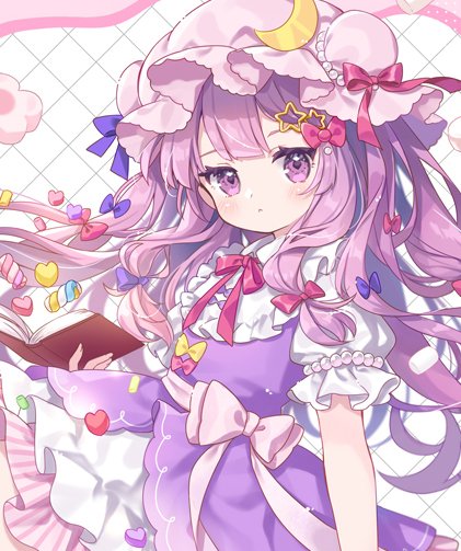 mimi (mimi puru), patchouli knowledge, touhou, 1girl, beads, book, bow, candy, crescent moon, dress, food, frilled dress, frills, hair ornament, hat, long hair, marshmallow, mob cap, moon, open book, pastel colors, puffy sleeves, purple dress, purple eyes, purple hair, ribbon, shirt, solo, star (symbol), star hair ornament, wavy hair, white shirt