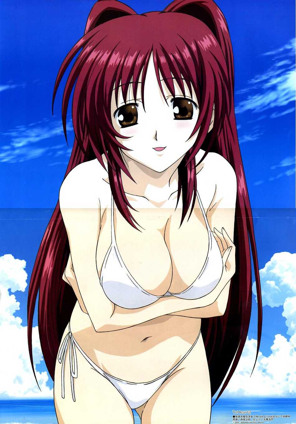 kousaka tamaki, to heart (series), to heart 2, breast hold, highres, 00s, 1girl, beach, bikini, breasts, brown eyes, cleavage, crossed arms, female focus, happy, leaning forward, long hair, navel, red hair, side-tie bikini bottom, sky, smile, solo, standing, swimsuit, water