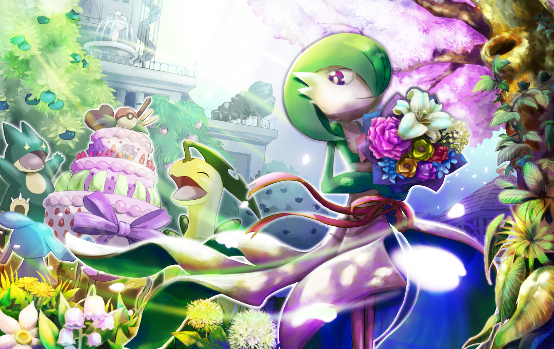 yamaori (hakkentai pokedan), bayleef, gardevoir, munchlax, wynaut, nintendo, pokemon, + +, :d, bellflower, berry (pokemon), bouquet, bow, building, cake, closed eyes, dandelion, day, flower, food, gen 2 pokemon, gen 3 pokemon, gen 4 pokemon, holding, holding bouquet, no humans, open mouth, oran berry, outdoors, poke ball, pokemon (creature), purple bow, smile, standing, sunlight, tree
