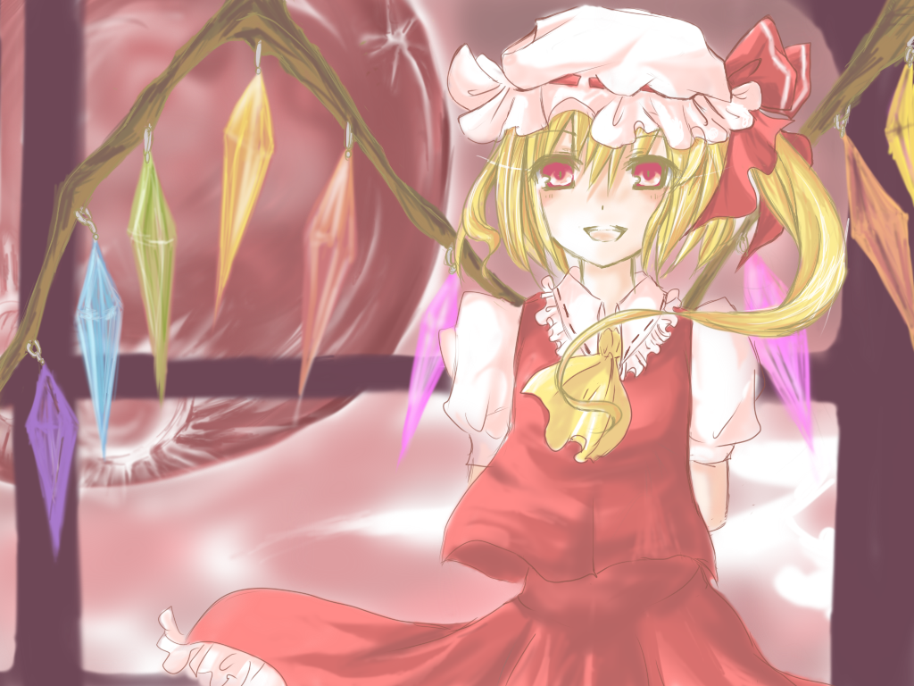 flandre scarlet, touhou, 1girl, blonde hair, blouse, collared shirt, female focus, hair between eyes, hat, mob cap, red eyes, shirt, solo, white hat, white shirt, wings