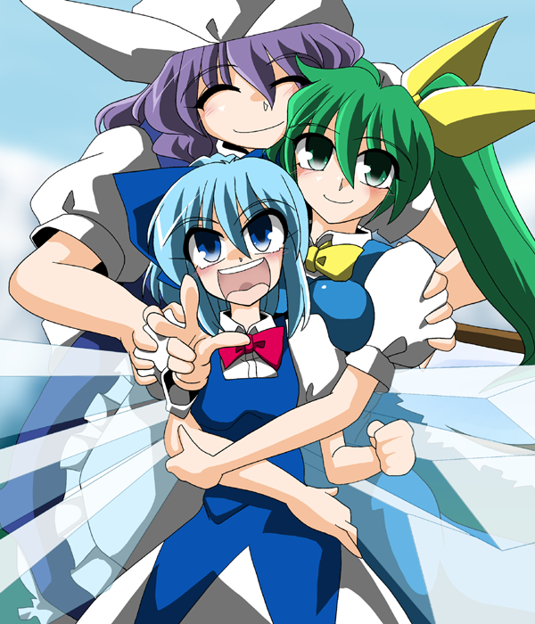 kieyza, kiezya, cirno, daiyousei, letty whiterock, touhou, 3girls, :o, ^ ^, blue dress, blue eyes, blue hair, closed eyes, cowboy shot, dress, fairy, fairy wings, female focus, green eyes, green hair, ice, ice wings, multiple girls, open mouth, puffy short sleeves, puffy sleeves, short hair, short sleeves, side ponytail, wings