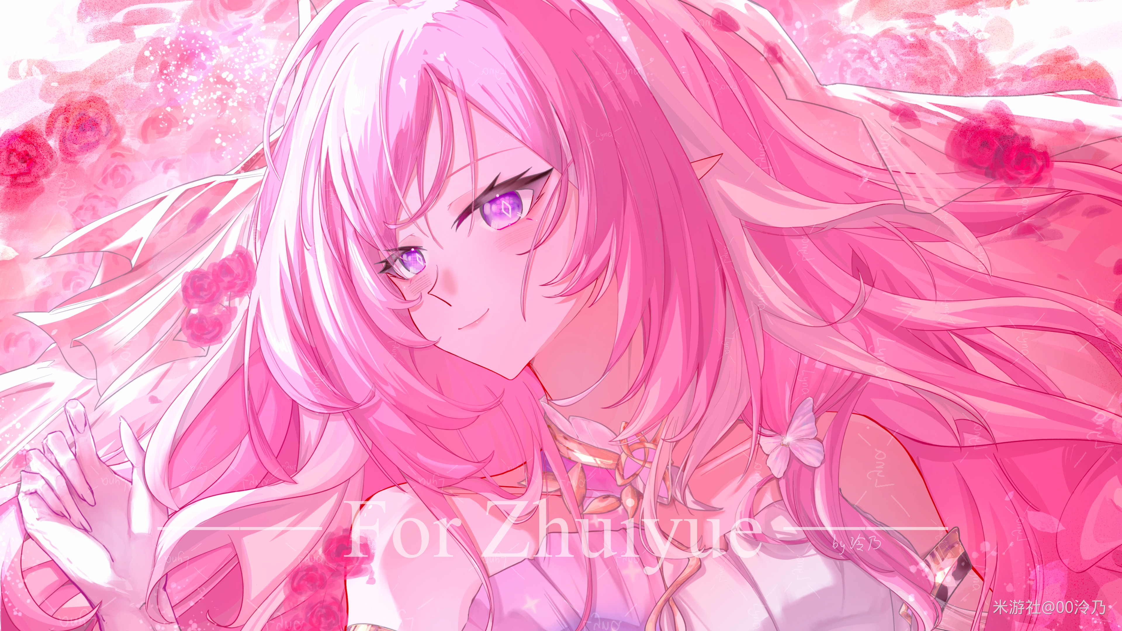 elysia (herrscher of human: ego) (honkai impact), elysia (honkai impact), honkai (series), honkai impact 3rd, absurdres, chinese commentary, commentary request, highres, 00 ling nai, 1girl, bare shoulders, corset, diamond-shaped pupils, diamond (shape), elf, flower, long hair, miyoushe watermark, pink flower, pink hair, pink rose, pointy ears, purple eyes, rose, smile, solo, symbol-shaped pupils, upper body, veil, very long hair, watermark, white corset, white veil