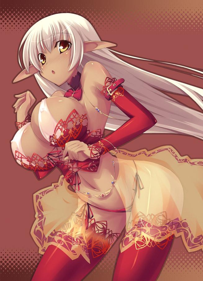 shimakaze, jpeg artifacts, belt, blush, breasts, corsair, dark elf, dark skin, elf, large breasts, lingerie, pointy ears, thighhighs, underwear, white hair, yellow eyes