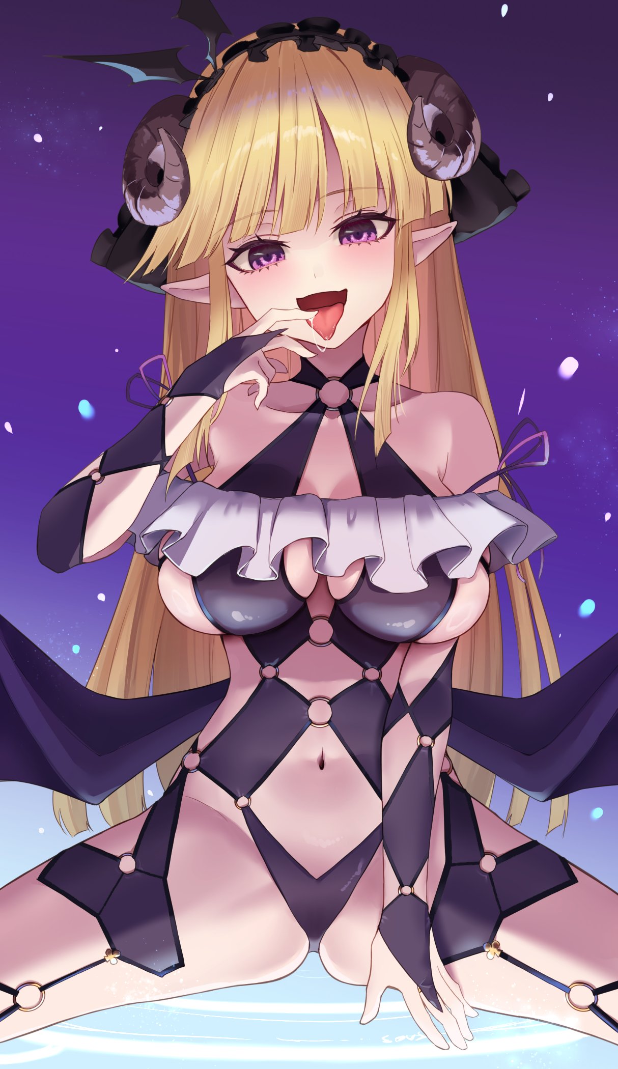 yashirinda, kougei ciel nana, bemani, sound voltex, highres, 1girl, blonde hair, breasts, demon girl, demon wings, horns, large breasts, long hair, looking at viewer, navel, pointy ears, purple eyes, smile, solo, tongue, tongue out, very long hair, wings