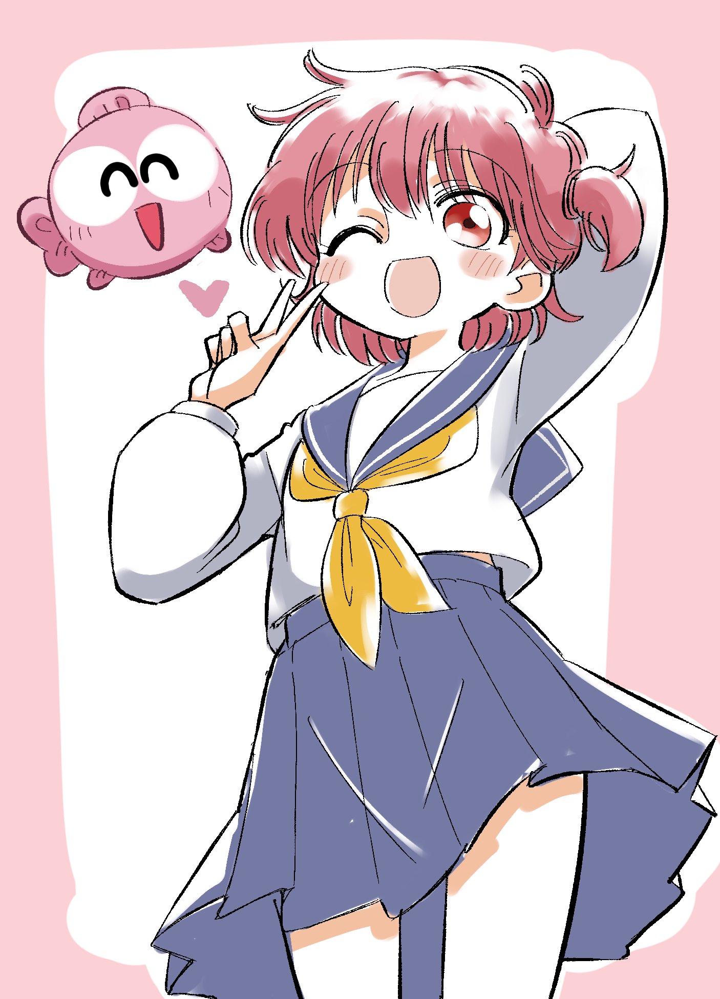 grief loss, gyopi, wapiko, kingyo chuuihou!, highres, 1girl, ;d, blue sailor collar, blue skirt, blush, hair ornament, hair scrunchie, heart, looking at viewer, neckerchief, one eye closed, open mouth, pink hair, pleated skirt, red eyes, sailor collar, school uniform, scrunchie, serafuku, shirt, short hair, skirt, smile, solo, striped background, white shirt