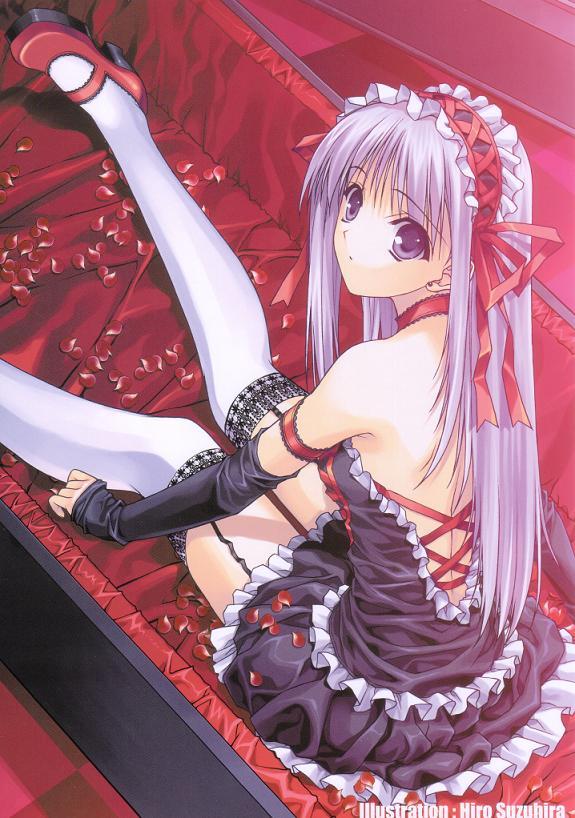suzuhira hiro, 1girl, coffin, dress, female focus, goth fashion, high heels, petals, pink eyes, pink hair, purple eyes, ribbon, shoes, solo, thighhighs