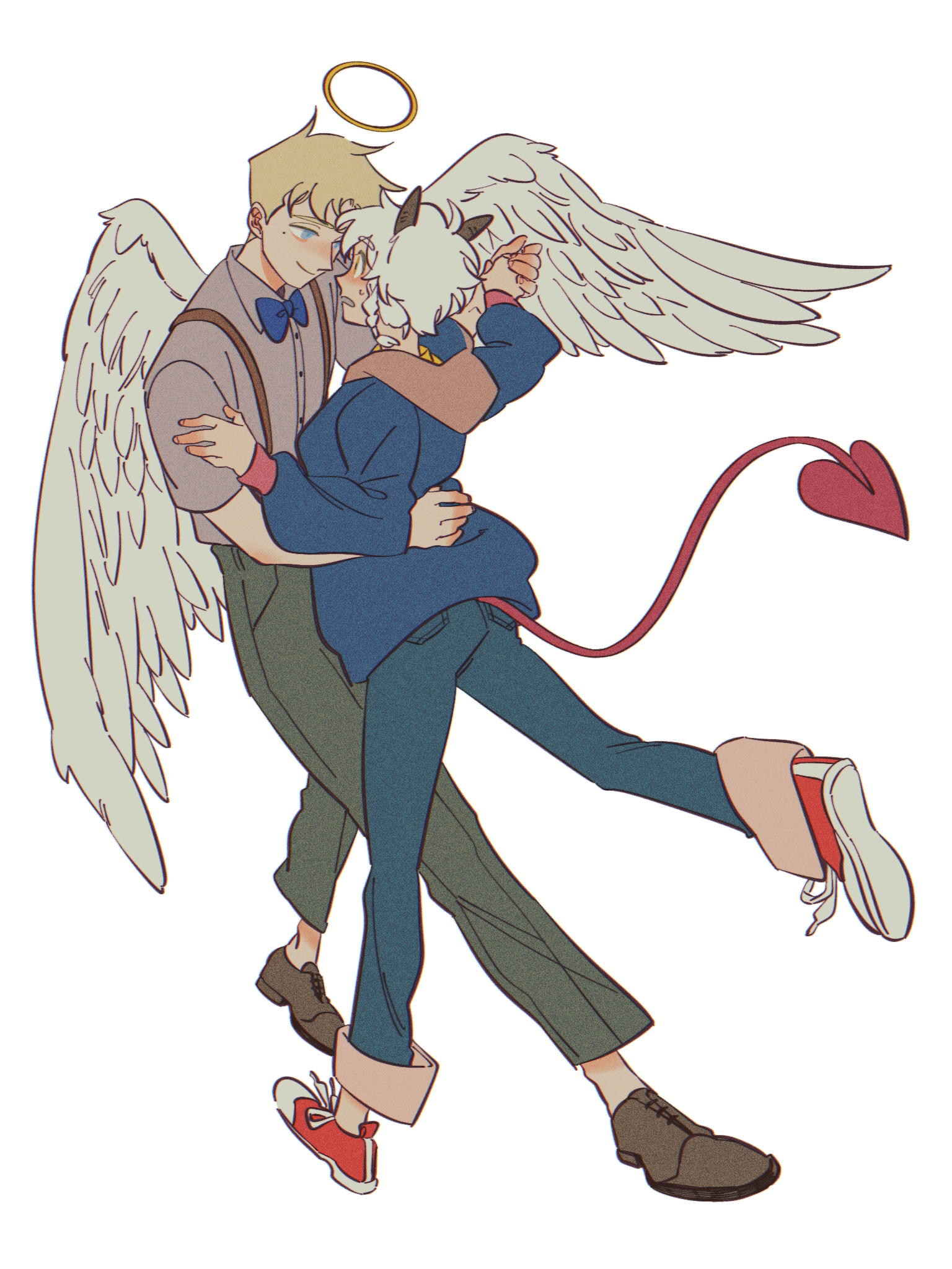 evan angel, neil bowman, all saints street, highres, 2boys, angel, angel wings, animal ears, blonde hair, blue bow, blue bowtie, blue eyes, blue hoodie, blue pants, blush, bow, bowtie, brown shoes, capri pants, closed mouth, collared shirt, dancing, demon tail, denim, dress shoes, eye contact, face-to-face, full body, goat ears, green pants, grey shirt, halo, hand on another's arm, hand on another's back, hand up, holding hands, hood, hood down, hoodie, humoto 00, jeans, long sleeves, looking at another, male focus, mole, mole under eye, multiple boys, pants, parted lips, red shoes, red tail, shirt, shoes, short hair, short sleeves, simple background, smile, sneakers, suspenders, tail, traditional bowtie, white background, white hair, white wings, wing collar, wings, yaoi