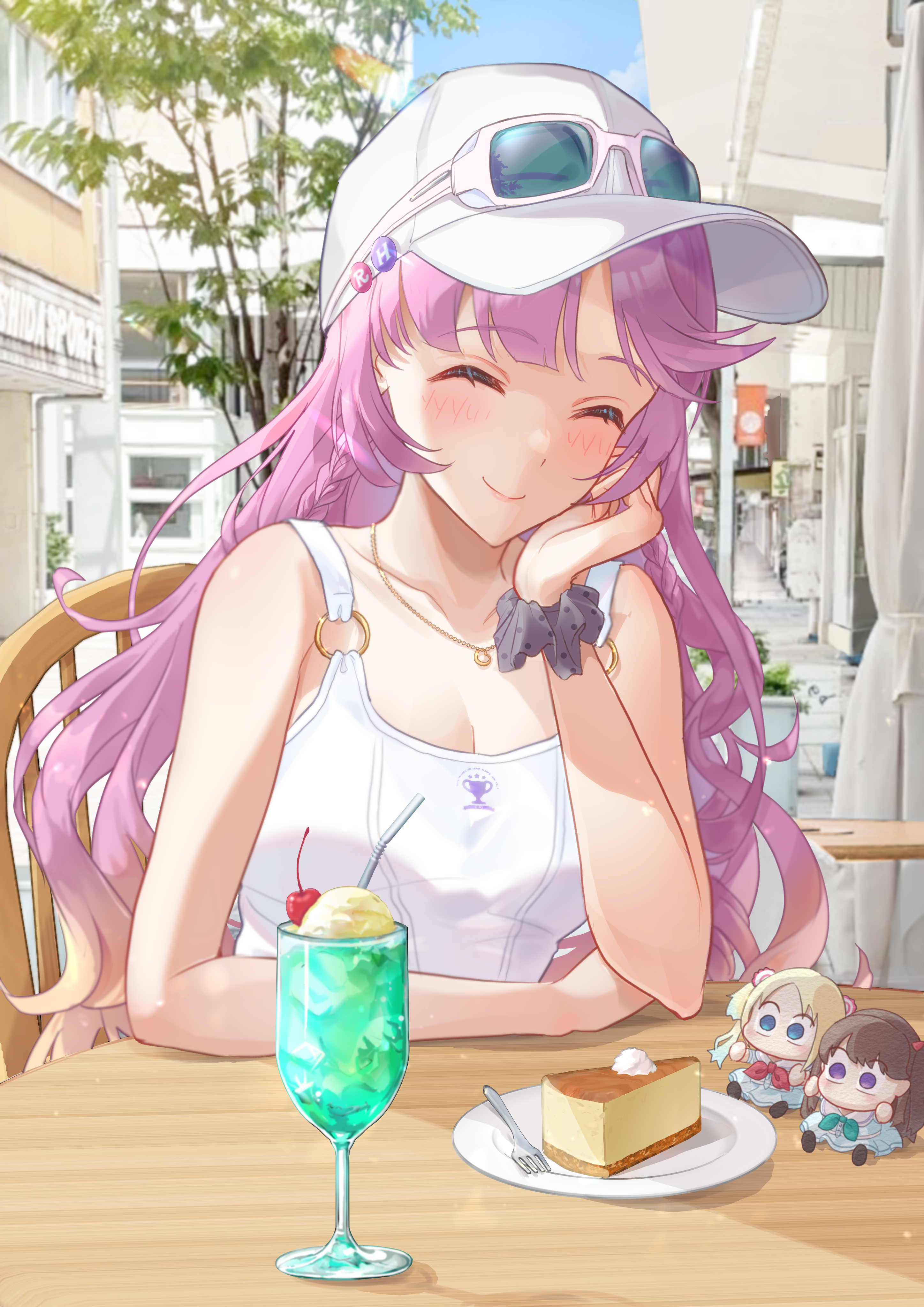 kobassy, anyoji hime, fujishima megumi, osawa rurino, link! like! love live!, love live!, absurdres, commentary, english commentary, highres, 1girl, ^ ^, alternate costume, bare shoulders, baseball cap, blonde hair, blue eyes, blue hair, breasts, brown hair, chain, chain necklace, character doll, cheesecake, chibi, cleavage, closed eyes, closed mouth, day, doll, elbows on table, eyewear on headwear, facing viewer, food, fork, gold necklace, gradient hair, grey scrunchie, hair ornament, hat, heart, heart necklace, ice cream, ice cream float, jewelry, letter hair ornament, medium breasts, multicolored hair, necklace, o-ring, o-ring top, outdoors, photo background, pink hair, polka dot, polka dot scrunchie, pov dating, purple eyes, round table, scrunchie, shirt, sidelocks, sleeveless, sleeveless shirt, smile, solo, sunglasses, table, tree, twintails, two side up, unmoving pattern, virtual youtuber, wavy hair, white hat, white shirt, wrist scrunchie