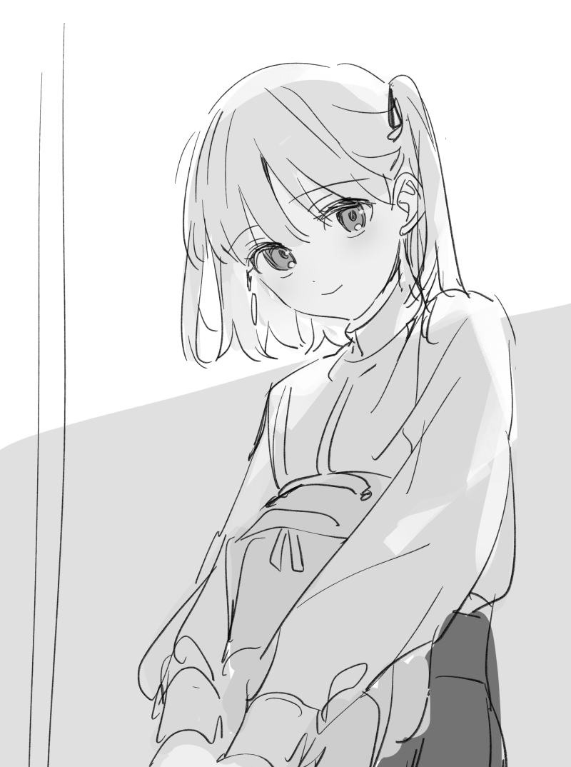 weee (raemz), original, 1girl, blush, closed mouth, hair between eyes, hair ribbon, jacket, long sleeves, looking at viewer, monochrome, one side up, pleated skirt, ribbon, skirt, smile, solo, striped background