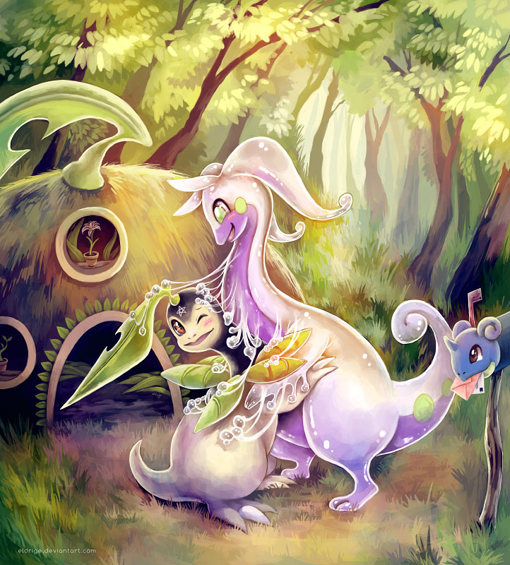eldrige, bayleef, goodra, lapras, nintendo, pokemon, day, envelope, facial mark, forehead mark, forest, gen 1 pokemon, gen 2 pokemon, gen 6 pokemon, grass, green eyes, looking at another, mailbox (incoming mail), mouth hold, nature, outdoors, plant, pokemon (creature), potted plant, slime (substance), standing, tree, watermark, web address, window