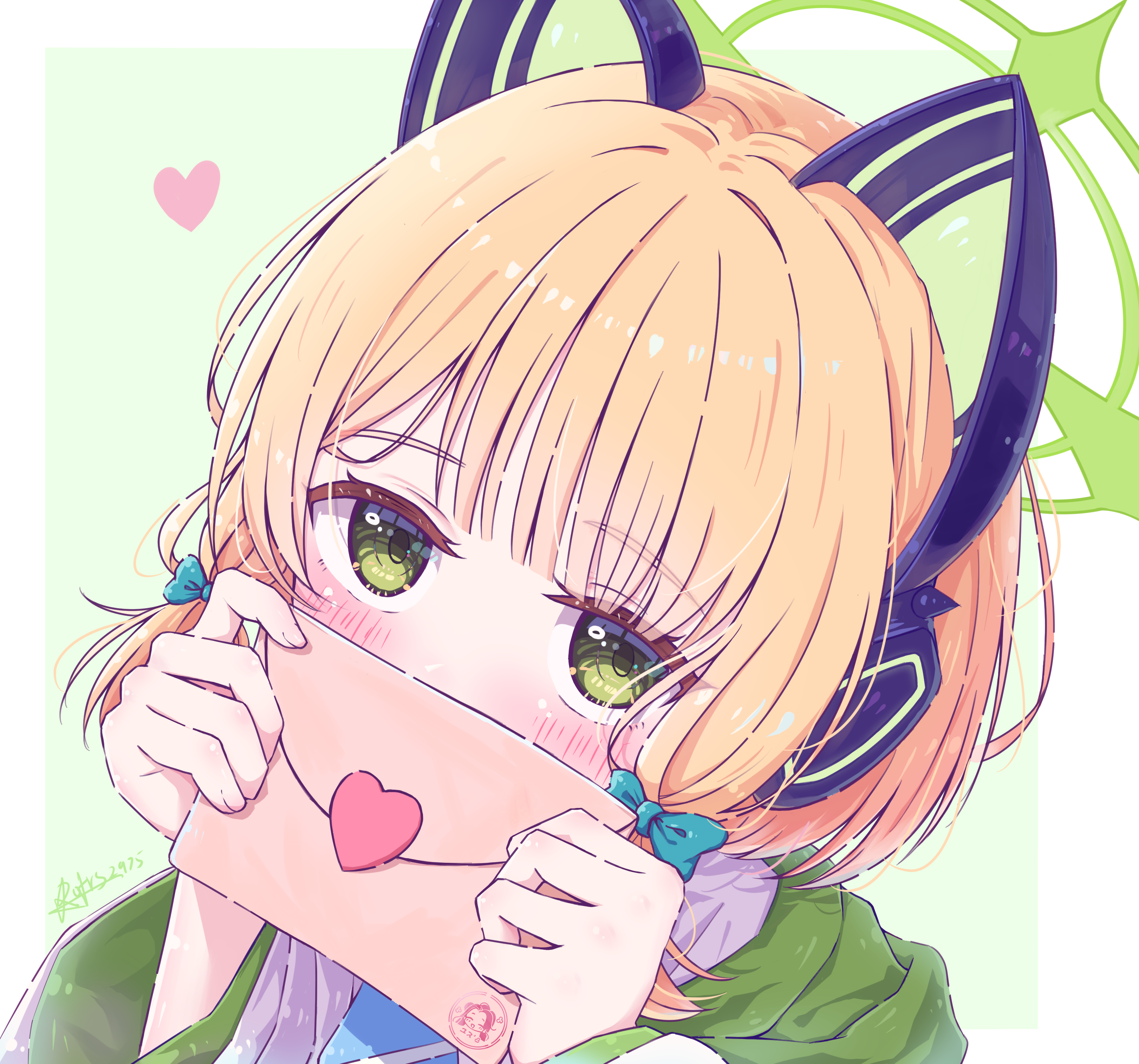 midori (blue archive), yuzu (blue archive), blue archive, absurdres, chinese commentary, commentary, highres, painttool sai (medium), 1girl, animal ear headphones, animal ears, artist name, blonde hair, blue necktie, blush, border, bow, cat ear headphones, cat ears, character name, character print, covered mouth, fake animal ears, green background, green bow, green eyes, green halo, green jacket, hair bow, halo, headphones, heart, holding, holding letter, jacket, letter, long sleeves, looking at viewer, low-tied sidelocks, necktie, outside border, rofrs2975, shirt, short hair, shy, sidelocks, signature, solo, upper body, white border, white shirt