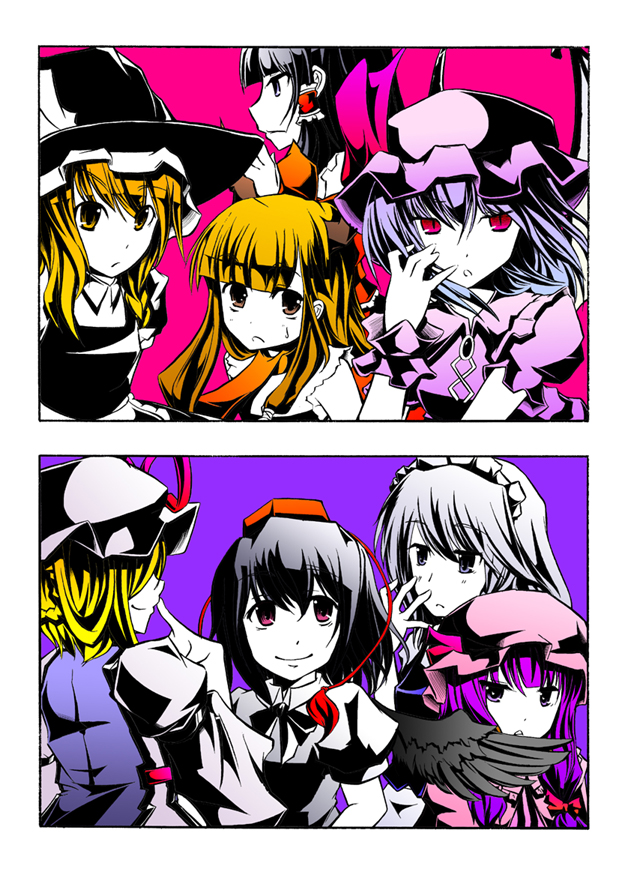 jinkou no kuma, kumata, hakurei reimu, ibuki suika, izayoi sakuya, kirisame marisa, patchouli knowledge, remilia scarlet, shameimaru aya, yakumo yukari, touhou, 6+girls, black wings, blonde hair, female focus, flat color, hat, high contrast, multiple girls, wings, witch hat