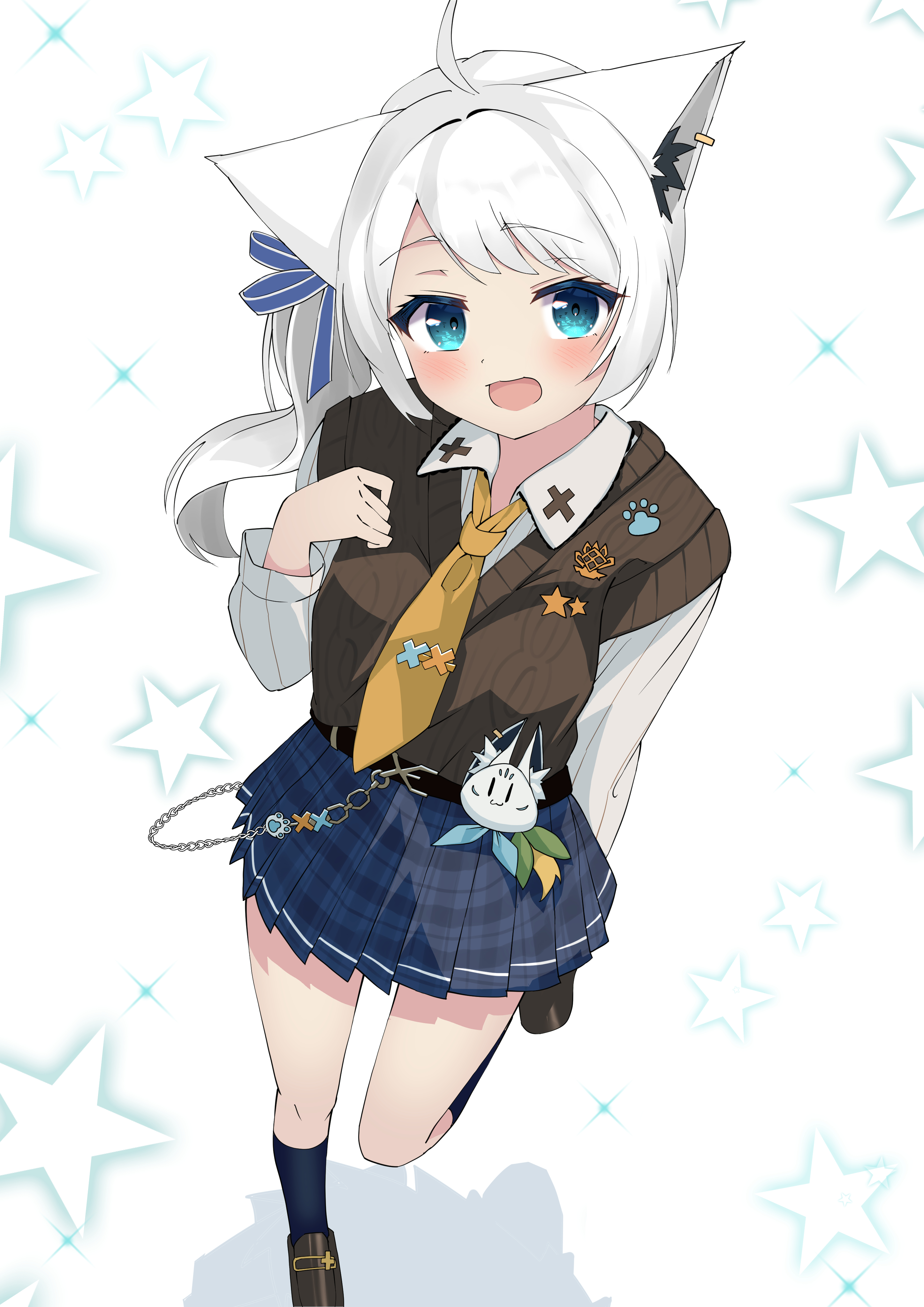shirayuki (snow link), shirakami fubuki, hololive, absurdres, highres, 1girl, ahoge, animal ears, long hair, looking at viewer, necktie, open mouth, shirt, skirt, solo, white hair