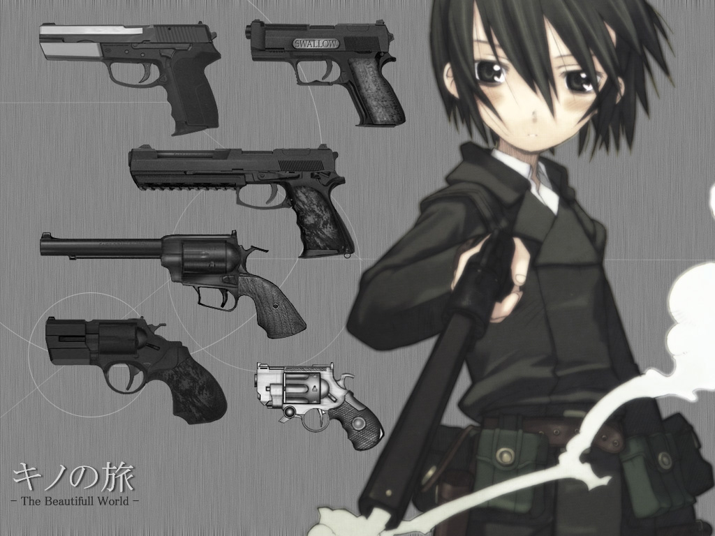 kuroboshi kouhaku, kino (kino no tabi), kino no tabi, 00s, 1girl, androgynous, belt, black eyes, black hair, blush, english text, engrish text, female focus, gun, handgun, pouch, ranguage, reverse trap, revolver, short hair, smoke, smoking barrel, solo, tomboy, weapon