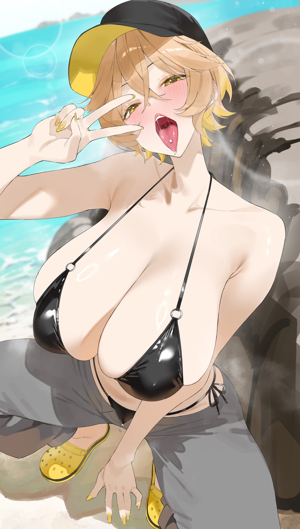 byeon dha, character request, copyright request, highres, second-party source, 1girl, baseball cap, beach, bikini, black bikini, blush, breasts, cleavage, collarbone, crocs, hat, huge breasts, looking at viewer, nail polish, open mouth, pants, piercing, rock, shiny skin, short hair, side-tie bikini bottom, solo, squatting, swimsuit, tongue, tongue out, tongue piercing, unzipped, v, virtual youtuber, yellow eyes, yellow nails, zipper, zipper pull tab