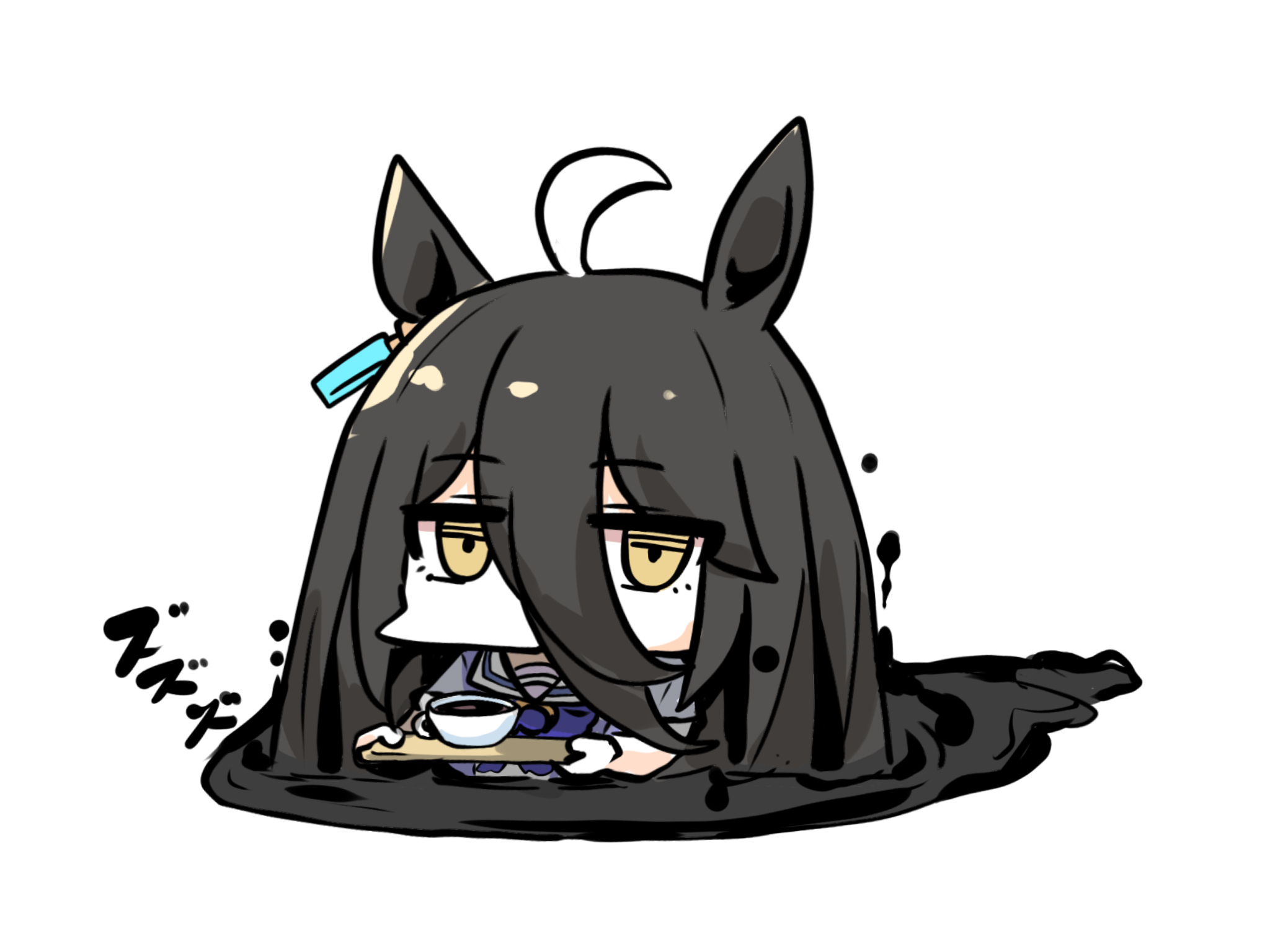 kawamochi (tddm3573), manhattan cafe (umamusume), umamusume, highres, translation request, 1girl, ahoge, animal ears, black hair, blue bow, bow, brown eyes, chibi, cup, hair between eyes, holding, holding tray, horse ears, multicolored hair, puffy short sleeves, puffy sleeves, purple shirt, school uniform, shirt, short sleeves, simple background, solo, tracen school uniform, tray, two-tone hair, upper body, white background, white hair