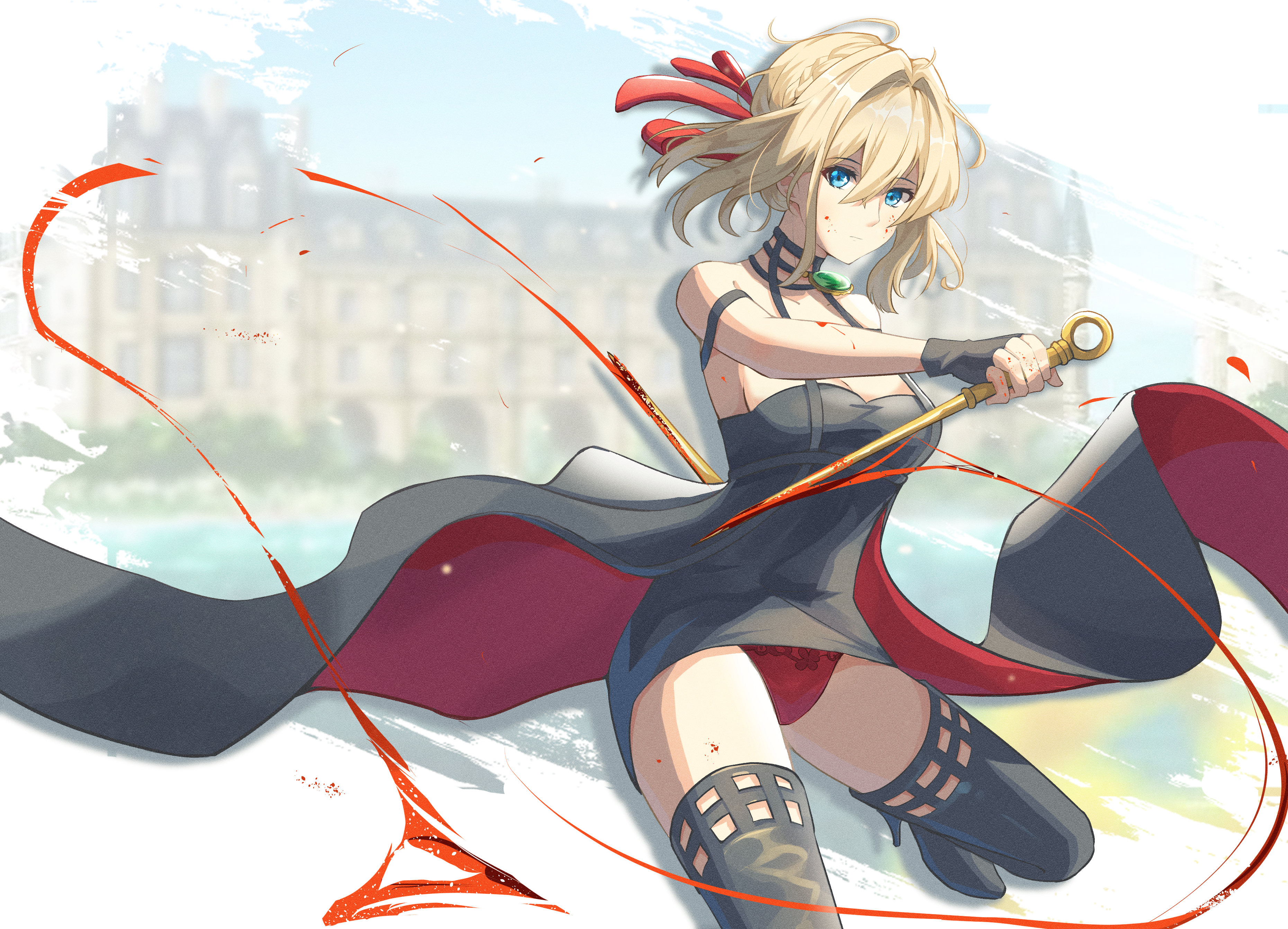 yuqi dongman, violet evergarden, yor briar, spy x family, violet evergarden (series), absurdres, highres, 1girl, bare shoulders, black boots, black dress, black gloves, blonde hair, blue eyes, blurry, blurry background, boots, border, braid, cosplay, cowboy shot, crown braid, dagger, dress, fading border, gloves, hair between eyes, hair intakes, hair ribbon, hand up, high heels, holding, holding dagger, holding knife, holding weapon, knife, leg up, looking at viewer, outside border, panties, pantyshot, red panties, ribbon, shadow, short dress, short hair, sleeveless, sleeveless dress, solo, standing, standing on one leg, stiletto (weapon), thigh boots, underwear, weapon, yor briar (cosplay)