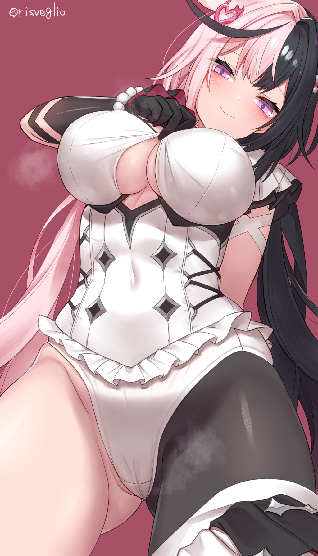 torimaru, black survival, eternal return: black survival, character request, commentary request, highres, 1girl, black gloves, black hair, black hiphighs, blush, breasts, cameltoe, cleavage, closed mouth, covered navel, gloves, large breasts, leotard, long hair, looking at viewer, multicolored hair, pink hair, purple background, purple eyes, short hair, simple background, single hiphigh, smile, solo, split-color hair, twintails, two-tone hair, very short hair, white leotard