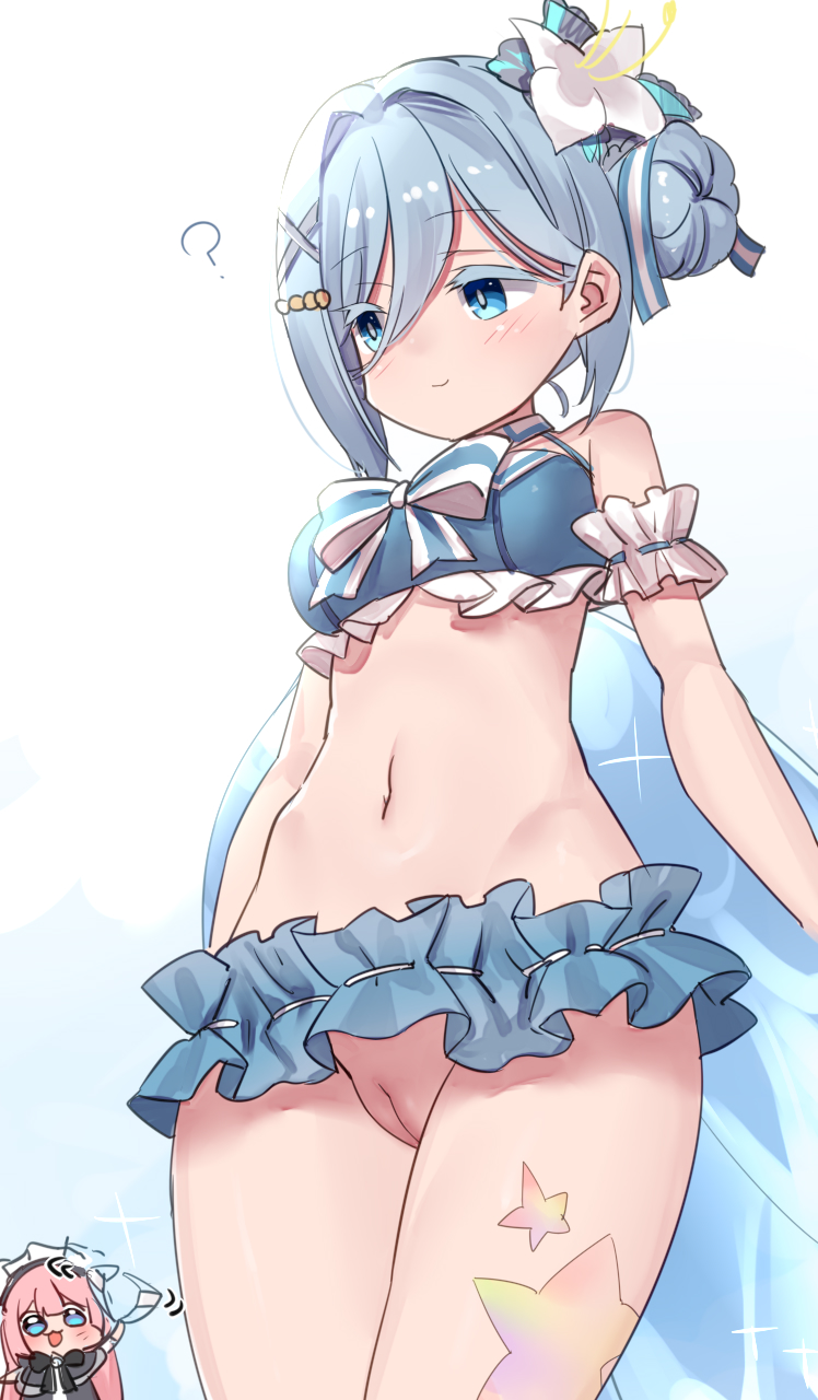 torimaru, black survival, eternal return: black survival, character request, commentary request, highres, 2girls, ?, bikini, blue bikini, blue eyes, blue hair, breasts, cleft of venus, closed mouth, flower, frilled bikini, frills, hair bun, hair flower, hair ornament, medium breasts, multiple girls, navel, pussy, short hair, swimsuit, thick eyelashes, uncensored, wardrobe malfunction, x hair ornament
