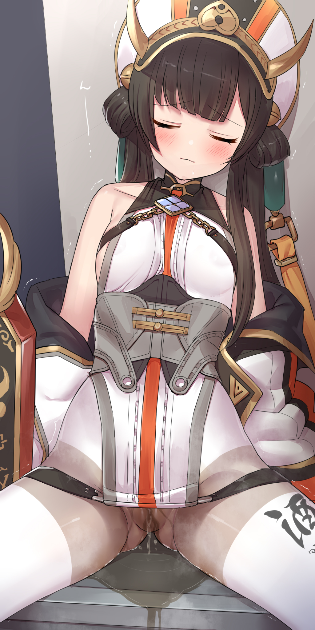 torimaru, black survival, eternal return: black survival, character request, highres, 1girl, bare shoulders, black hair, blush, closed eyes, closed mouth, dress, hair rings, long hair, pee, peeing, peeing self, sitting, solo, white dress