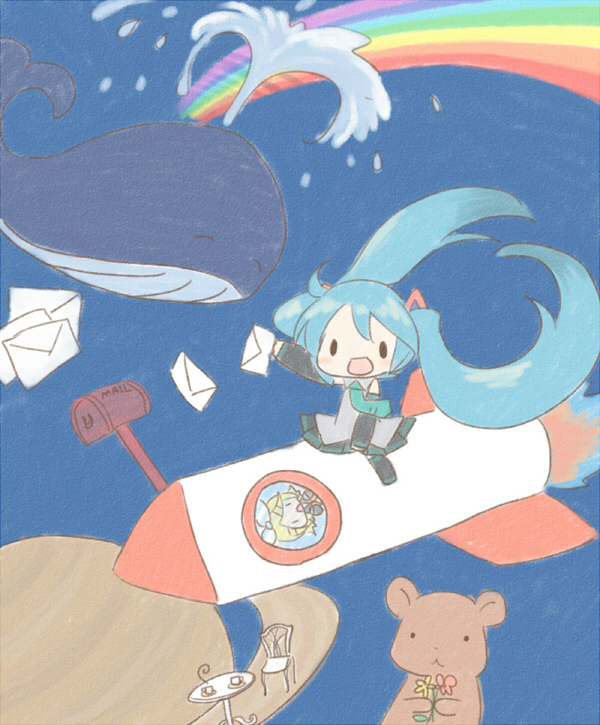 sakuramori sumomo, hatsune miku, kagamine rin, vocaloid, aqua hair, bear, letter, long hair, mailbox, planet, rainbow, rocket, space, stuffed animal, stuffed toy, teddy bear, twintails, whale, what