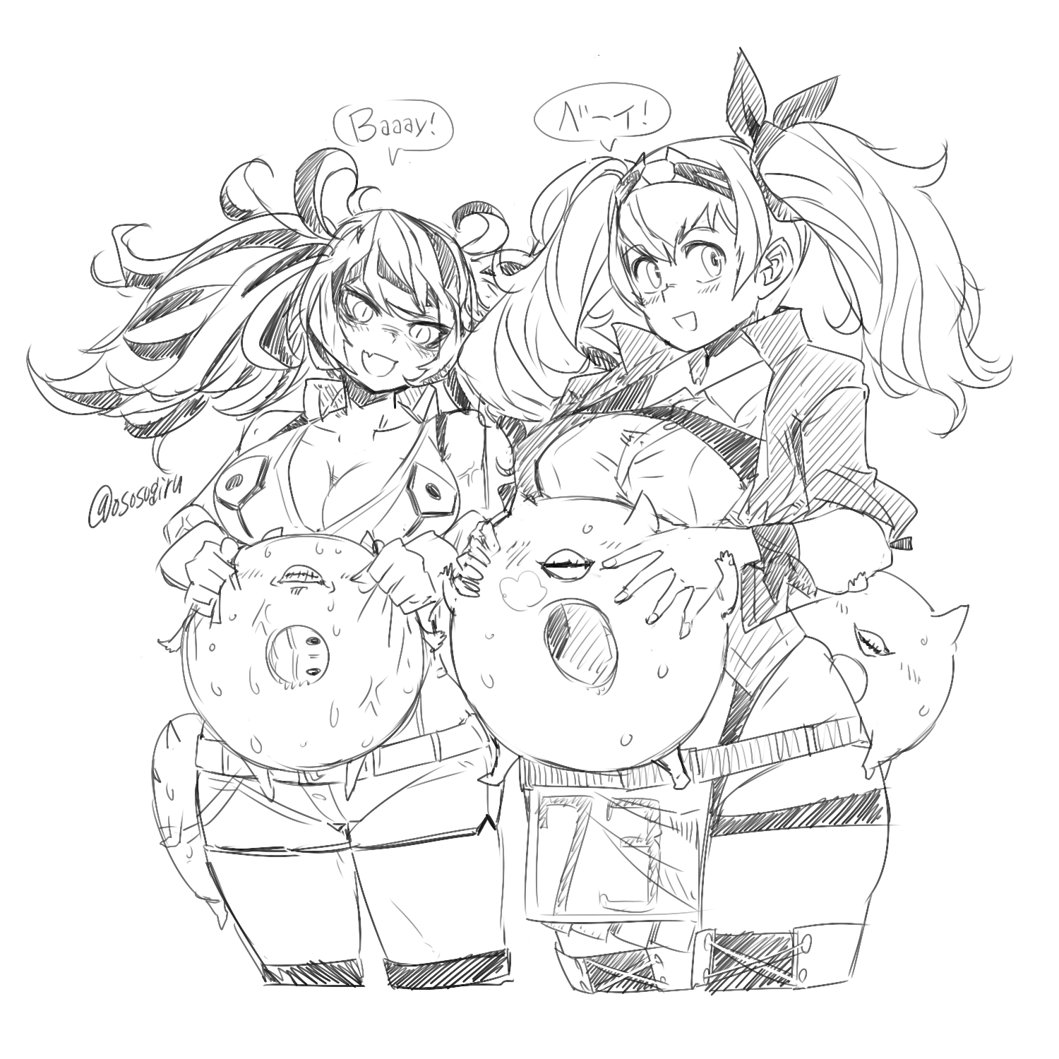 oso (toolate), enemy lifebuoy (kancolle), escort water princess, gambier bay (kancolle), gambier bay mk ii (kancolle), kantai collection, highres, 2girls, abyssal ship, blonde hair, blush, breast pocket, breasts, cleavage, cowboy shot, flight deck, greyscale, hair between eyes, hairband, half-skirt, large breasts, long hair, monochrome, multicolored hair, multicolored hairband, multiple girls, open mouth, pocket, simple background, smile, twintails, white background