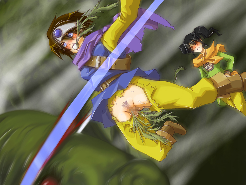 shindol, martial artist (dq3), roto (dq3), chunsoft, dragon quest, dragon quest iii, enix, belt, black hair, blood, blue eyes, blush, brown hair, cape, censored, demon, embarrassed, food, ninja, pussy, short hair, slashing, surprised, torn clothes, turnip, turnips, twintails, undressing, vegetable, what