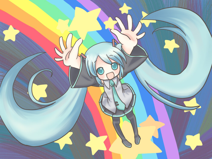 sakuramori sumomo, hatsune miku, vocaloid, aqua eyes, aqua hair, long hair, necktie, rainbow, rainbow path, skirt, solo, star (symbol), thighhighs, twintails