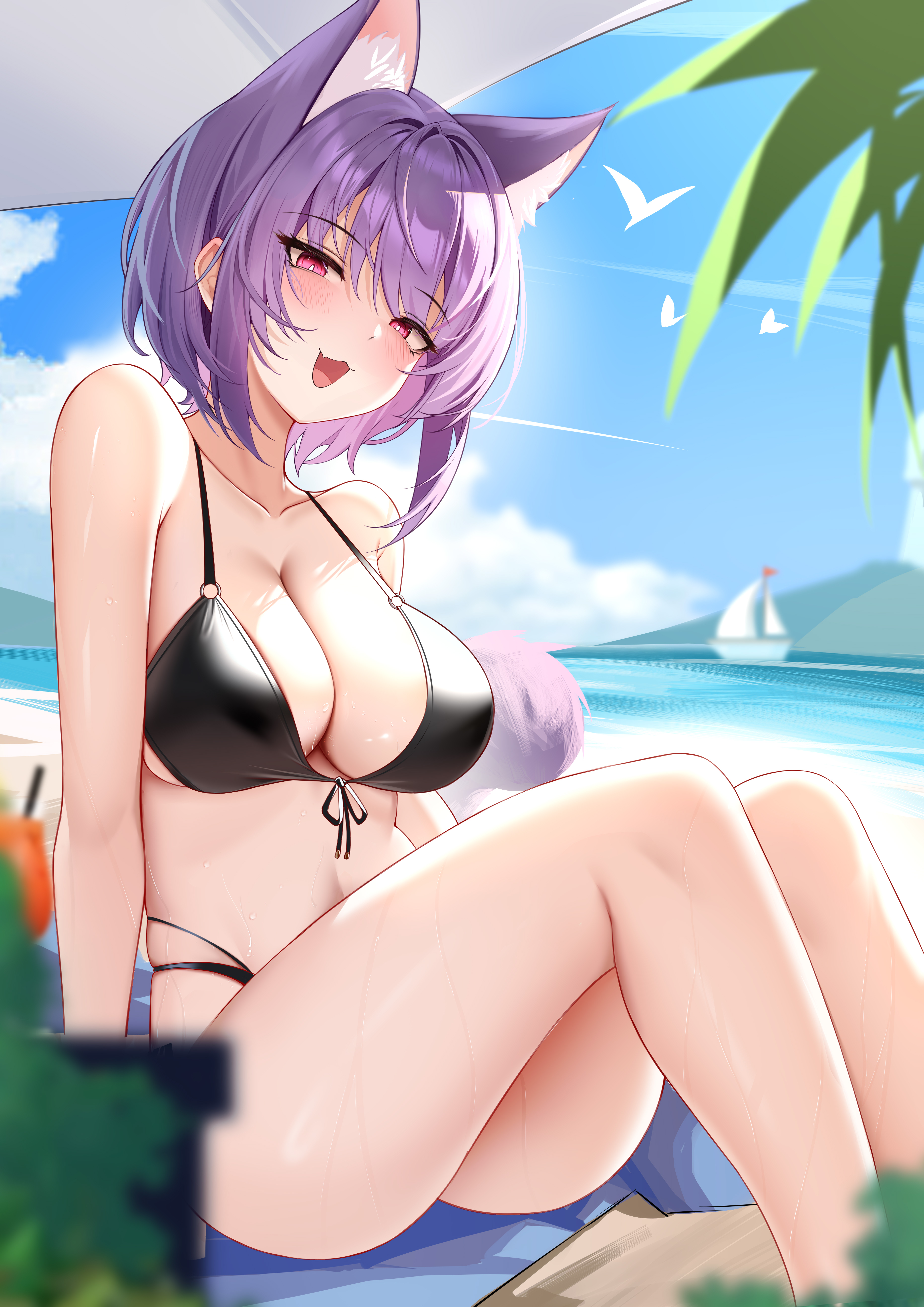 lahz52, yuutenji nyamu, yuutenji nyamu (magician of passion), arknights, bang dream!, bang dream! it's mygo!!!!!, absurdres, chinese commentary, commentary request, highres, 1girl, :3, animal ears, bikini, black bikini, breasts, cat ears, cat girl, cat tail, cleavage, fang, large breasts, looking at viewer, navel, open mouth, pink eyes, purple hair, short hair, skin fang, solo, swimsuit, tail, wet