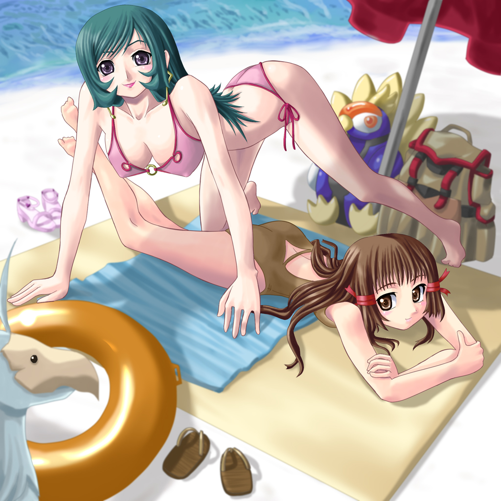 yaso shigeru, kotona elegance, re mii, zoids, zoids genesis, 00s, 2girls, all fours, beach, bikini, black eyes, brown eyes, brown hair, day, green hair, innertube, long hair, lying, multiple girls, on stomach, swim ring, swimsuit