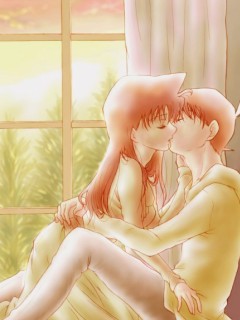 kudou shin'ichi, mouri ran, meitantei conan, lowres, non-web source, 1boy, 1girl, couple, hetero, kiss, qvga