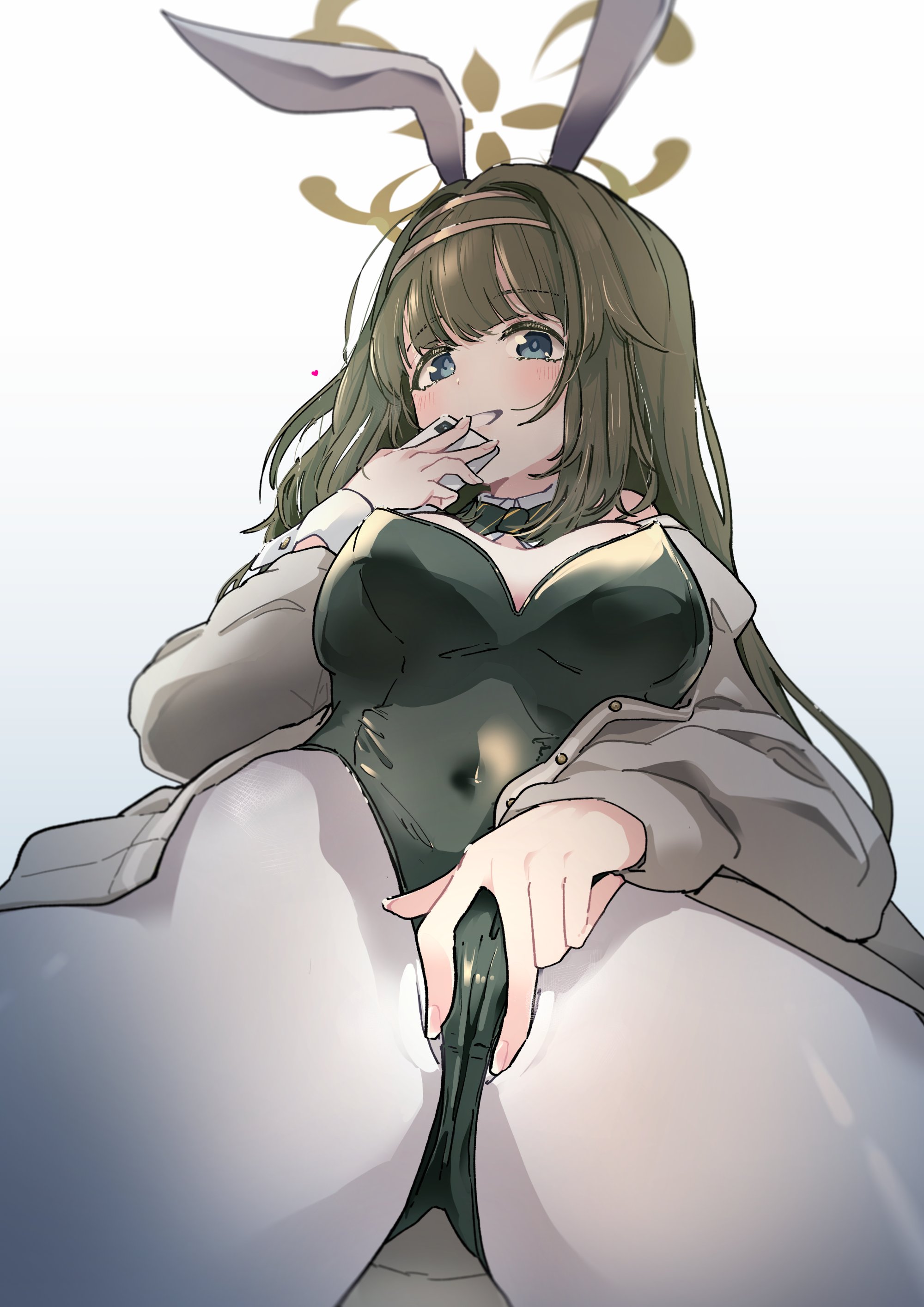 kndk nuts, tsumugi (blue archive), blue archive, absurdres, commentary request, highres, 1girl, animal ears, black leotard, blue eyes, blush, bow, bowtie, breasts, brown hair, covered navel, detached collar, fake animal ears, from below, green leotard, halo, leotard, long hair, looking at viewer, pantyhose, playboy bunny, rabbit ears, simple background, solo, spread pussy, spread pussy under clothes, strapless, strapless leotard, white background, white pantyhose, wrist cuffs