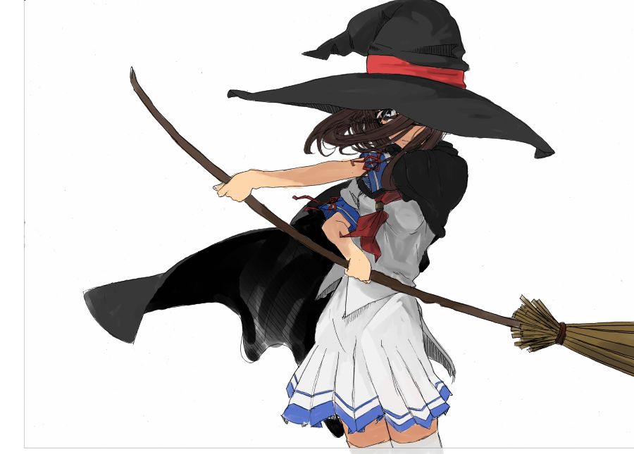 honami takase ambler, rental magica, 00s, black hair, broom, cape, glasses, hat, school uniform, short hair, solo, witch, witch hat