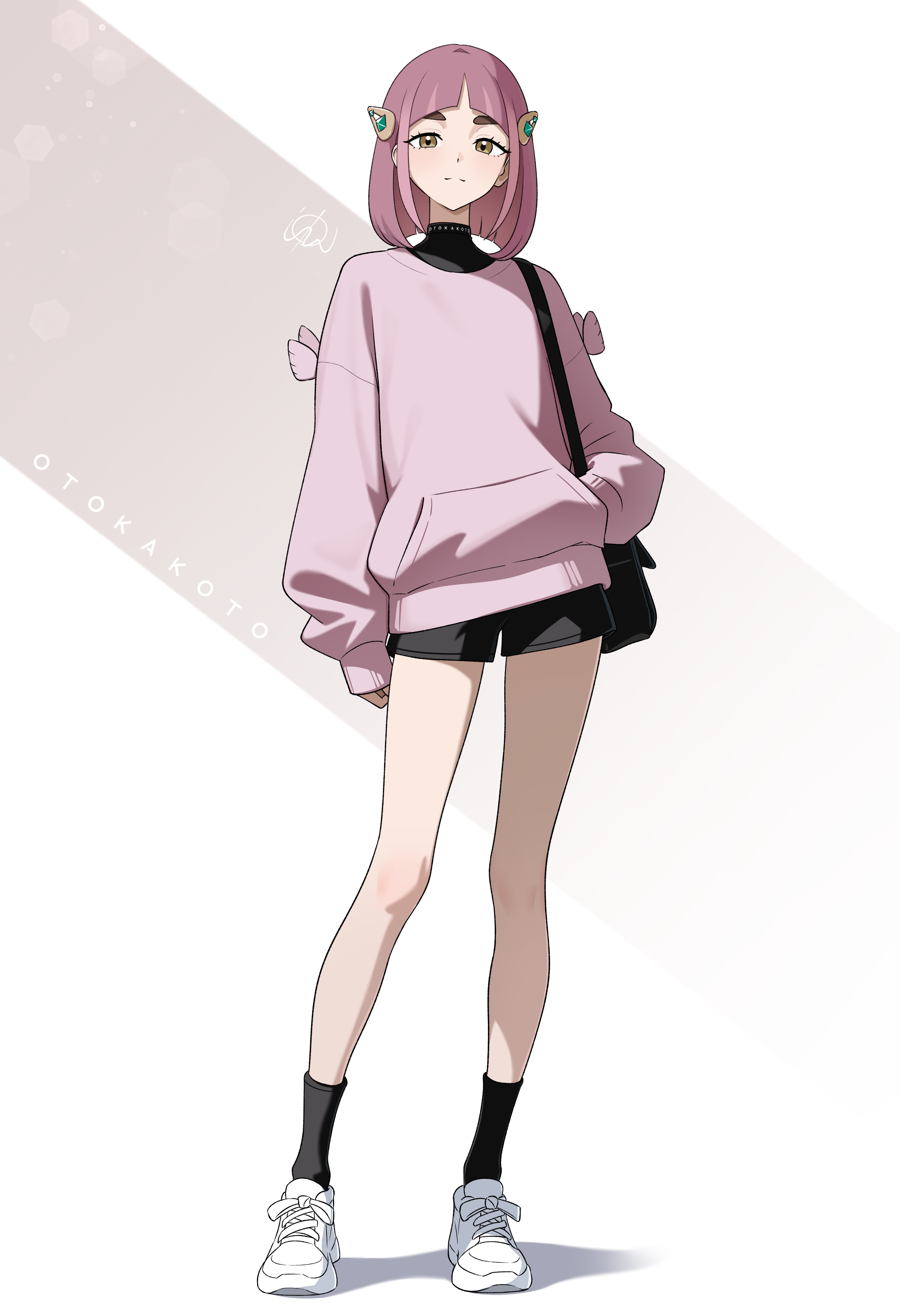 otokakoto, lacey (pokemon), nintendo, pokemon, pokemon sv, absurdres, highres, 1girl, bag, bare legs, black shirt, black shorts, black socks, brown eyes, full body, hair ornament, hand in pocket, handbag, looking at viewer, pink hair, pink sweater, shirt, shoes, short hair, short shorts, shorts, socks, solo, standing, sweater, thick eyebrows, thighs, turtleneck, white shoes