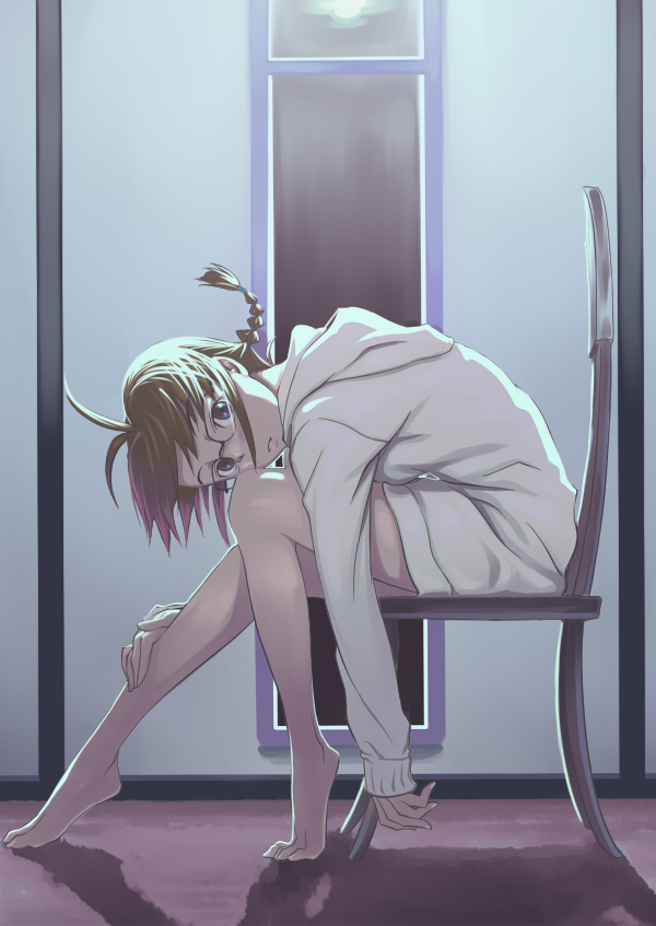 inu (aerodog), akizuki ritsuko, idolmaster, idolmaster (classic), idolmaster 1, 00s, 1girl, antenna hair, barefoot, bent over, braid, brown eyes, brown hair, feet, female focus, glasses, short hair, sitting, solo, twin braids