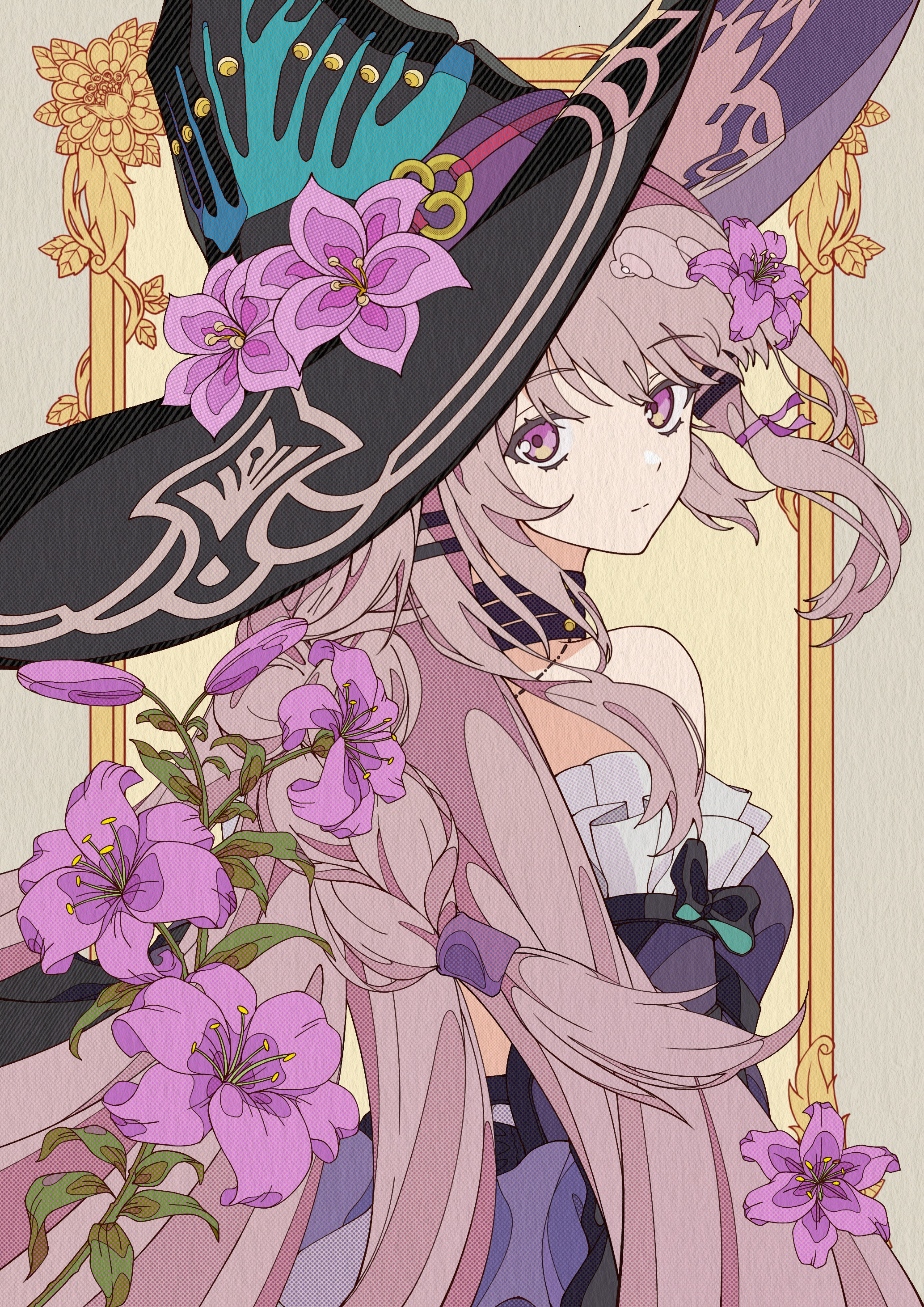 ruogong qingyue, herta (honkai: star rail), the herta (honkai: star rail), honkai: star rail, honkai (series), absurdres, chinese commentary, commentary request, highres, 1girl, black hat, brown hair, closed mouth, dress, flower, from behind, hair flower, hair ornament, hair ribbon, hat, hat flower, large hat, long hair, looking at viewer, looking back, picture frame, purple eyes, purple flower, purple ribbon, ribbon, solo, upper body, very long hair