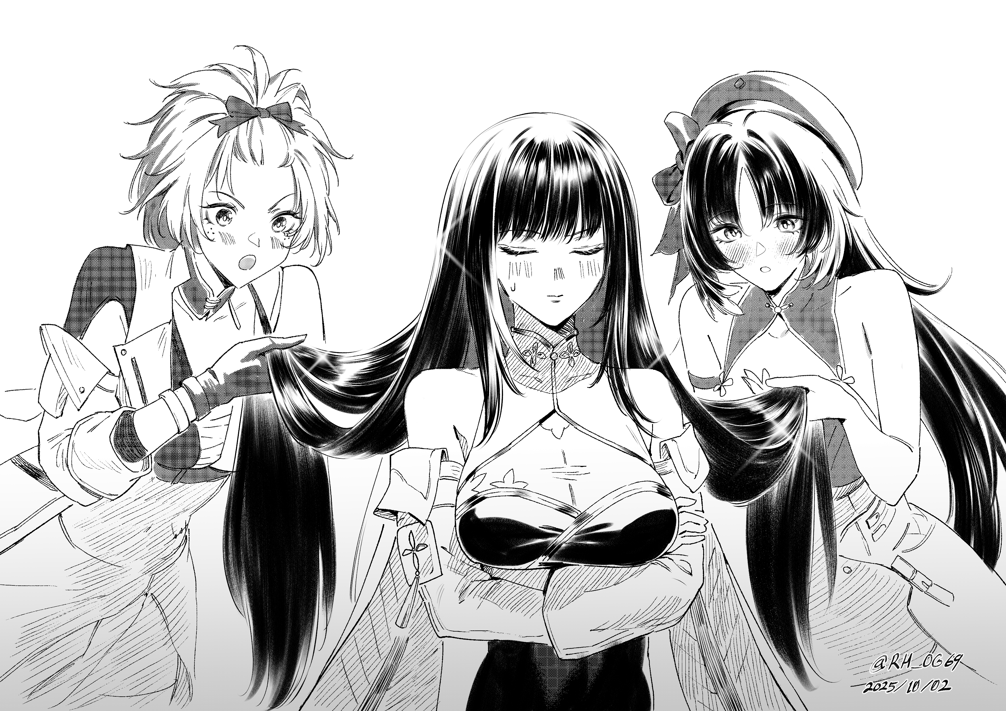 rh og69, baizhi (wuthering waves), chixia (wuthering waves), yangyang (wuthering waves), wuthering waves, absurdres, commentary, english commentary, highres, 3girls, armlet, arms under breasts, bangs pinned back, bare shoulders, beret, blush, bow, breasts, chest sarashi, crossed arms, dated, detached sleeves, freckles, gloves, greyscale, hair bow, hat, jewelry, large breasts, long hair, monochrome, multiple girls, open mouth, parted bangs, parted lips, sarashi, see-through cleavage, see-through clothes, simple background, sparkle, straight hair, twitter username, white background