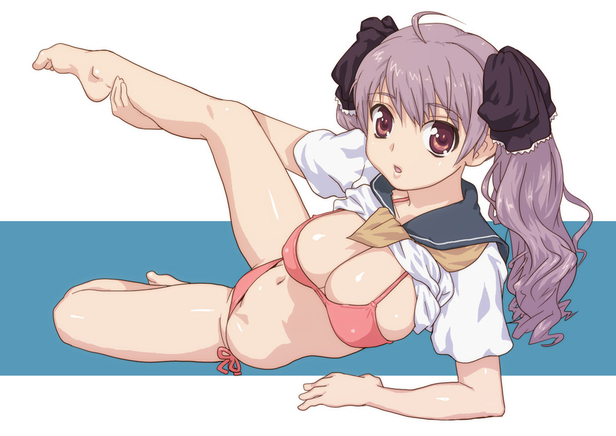 hirose (mokiki), original, 1girl, ahoge, barefoot, bikini, bikini under clothes, breasts, cleavage, clothes lift, female focus, hair ribbon, large breasts, leg lift, long hair, lying, navel, open mouth, purple eyes, purple hair, red eyes, ribbon, school uniform, serafuku, shirt lift, side-tie bikini bottom, solo, swimsuit, swimsuit under clothes, twintails