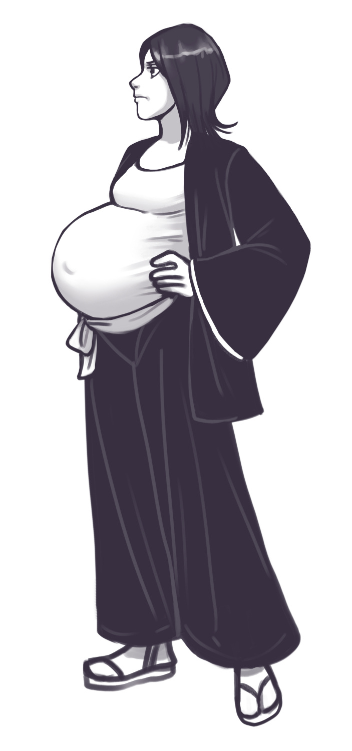 olympic-dames, kuchiki rukia, bleach, commission, commissioner upload, 1girl, black hair, black robe, hand on own hip, head tilt, medium hair, monochrome, pregnant, robe, sandals, serious, shirt, solo, tomboy, white shirt