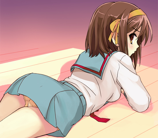 haruyama kazunori, suzumiya haruhi, suzumiya haruhi no yuuutsu, 00s, 1girl, arm support, ass, blush, brown eyes, brown hair, female focus, from behind, hair ribbon, hairband, looking back, lying, miniskirt, on stomach, panties, pantyshot, ribbon, school uniform, serafuku, short hair, skirt, solo, underwear, upskirt, yellow panties