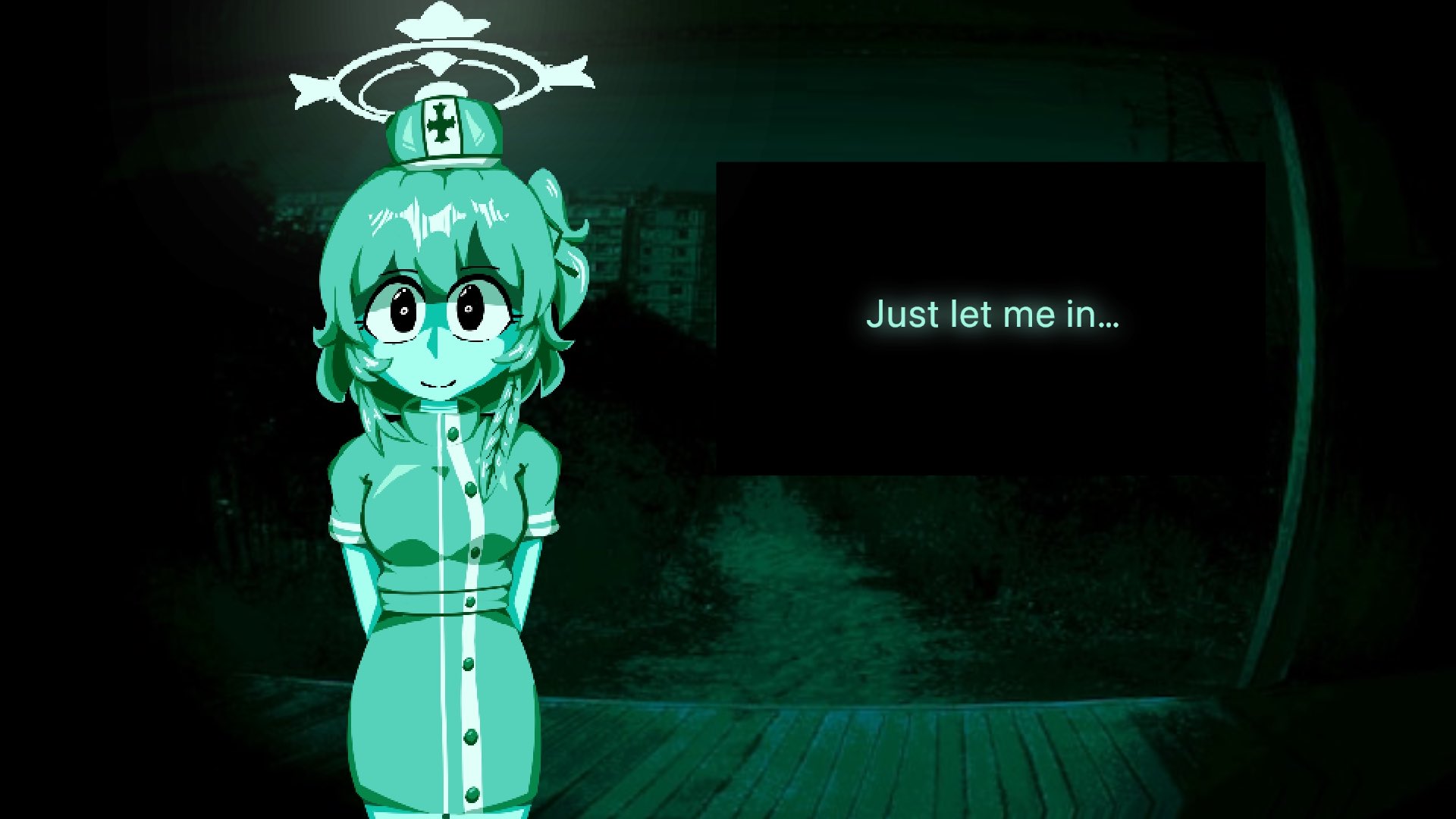 serina (blue archive), serina (nurse) (blue archive), blue archive, highres, arms behind back, closed mouth, cowboy shot, dim lighting, english text, game screenshot background, hair between eyes, hair ornament, hair ribbon, halo, hat, looking at viewer, meme, no i'm not a human, nurse, nurse cap, pants, parody, paulnoob, pink hair, pink pants, pink shirt, pov, pov peephole, ribbon, school nurse, screenshot background, shaded face, shadow, shirt, short hair, short sleeves, sidelocks, speech bubble, standing, striped clothes