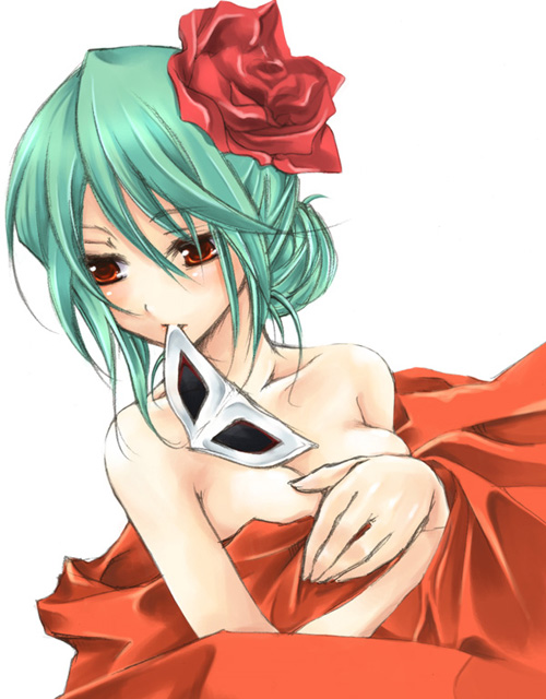minamiyama sora, 1girl, bare shoulders, breasts, cleavage, female focus, flower, green hair, mouth hold, red eyes, rose, small breasts, solo