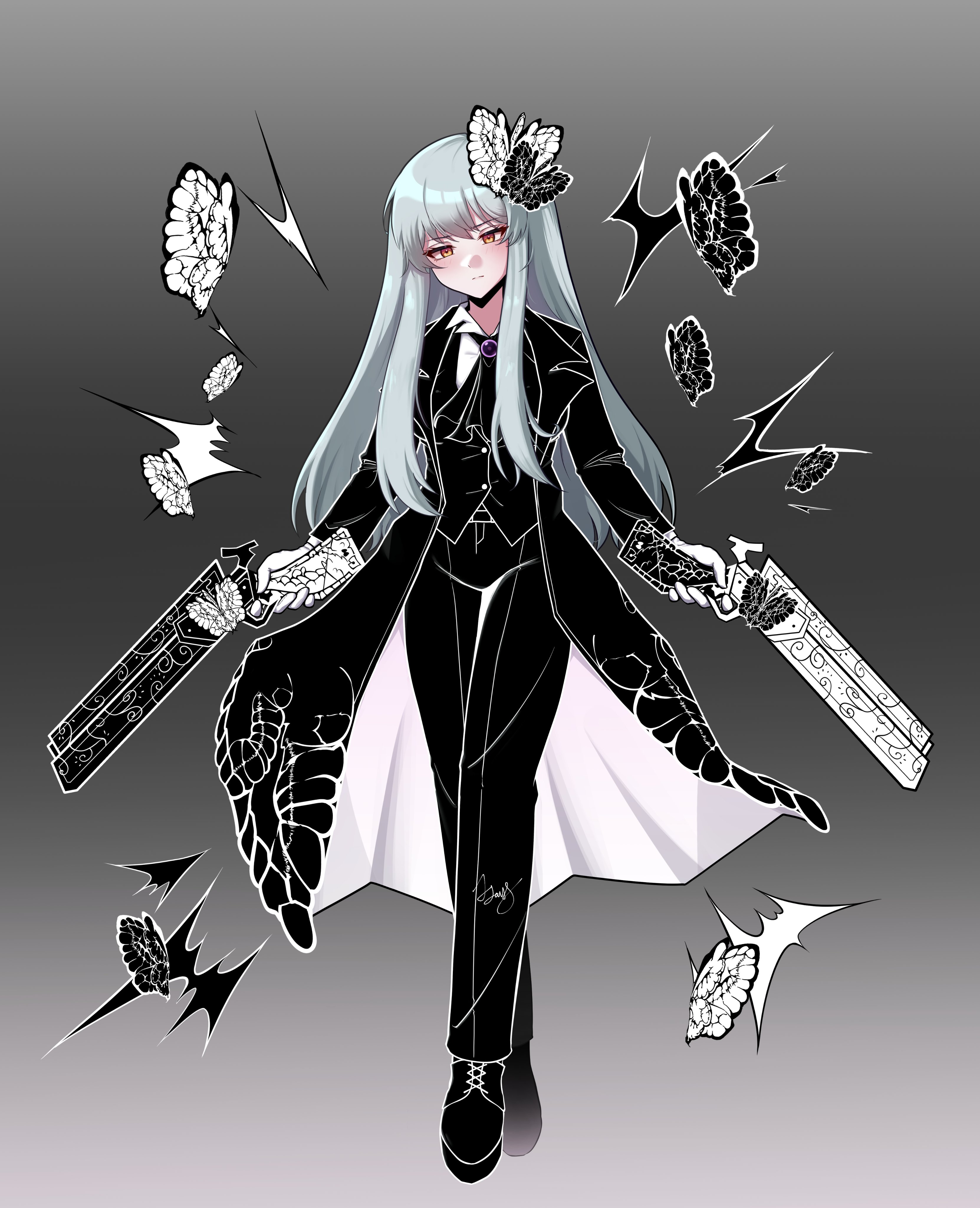 jjong (7 jjong 9), angela (project moon), library of ruina, project moon, absurdres, commentary request, highres, korean commentary, 1girl, animal print, ascot, belt, belt buckle, black ascot, black belt, black butterfly, black coat, black pants, black shoes, black vest, blush, brooch, buckle, bug, butterfly, butterfly hair ornament, butterfly print, buttons, closed mouth, coat, collared shirt, crossed legs, dress pants, dual wielding, e.g.o (project moon), expressionless, finger on trigger, full body, gloves, gradient background, grey background, grey hair, gun, hair ornament, handgun, holding, holding gun, holding weapon, insect, jewelry, lapels, long hair, long sidelocks, long sleeves, looking at viewer, notched lapels, open clothes, open coat, orange eyes, outline, pants, shirt, shoes, sidelocks, signature, solemn lament (e.g.o), solo, standing, vest, waistcoat, weapon, white butterfly, white gloves, white outline, white shirt